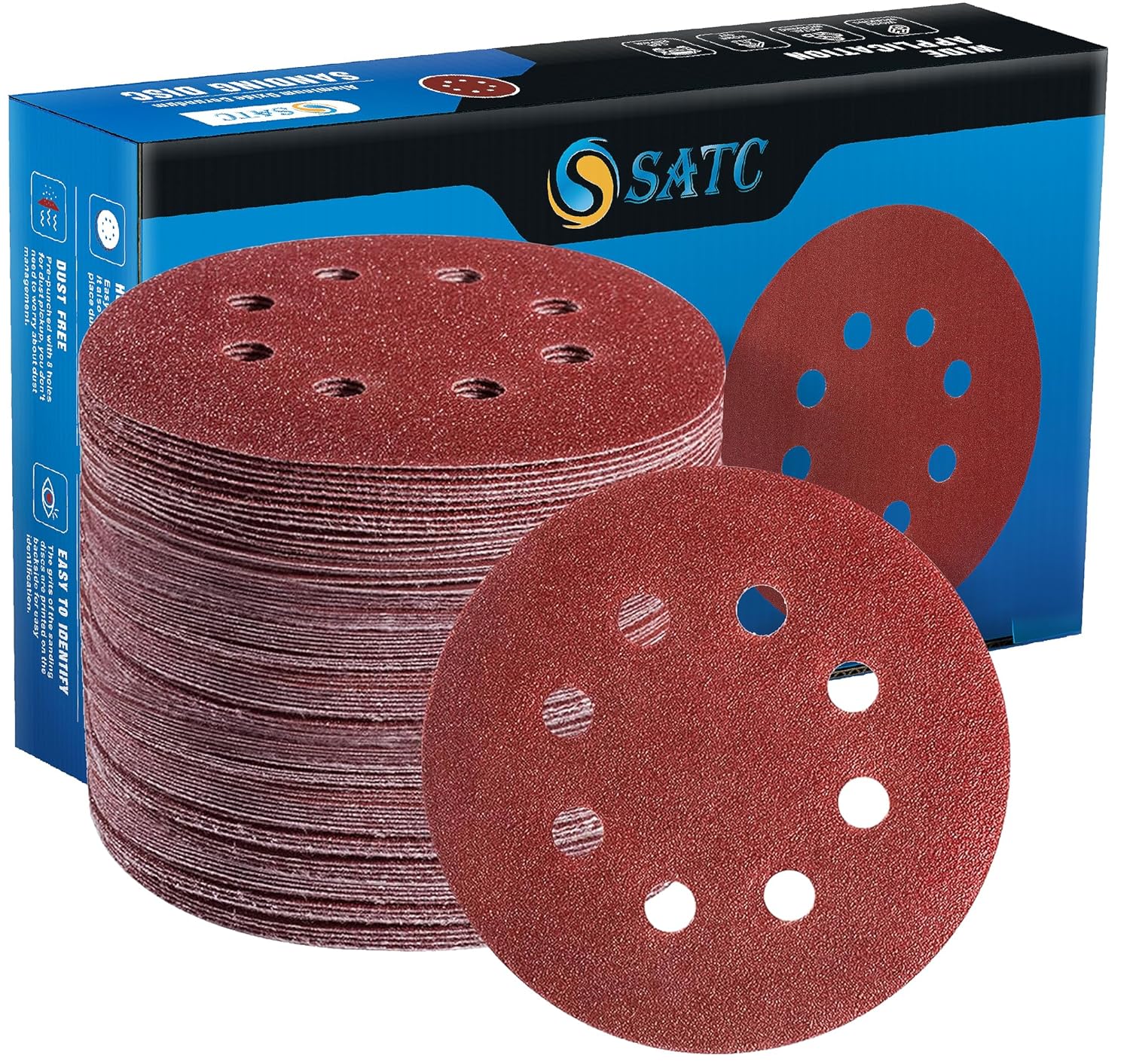 SSATC 72-Pack 5 Inch 8-Hole Hook & Loop Sanding Discs for Random Orbital Sander, 40-320 Grit Assortment