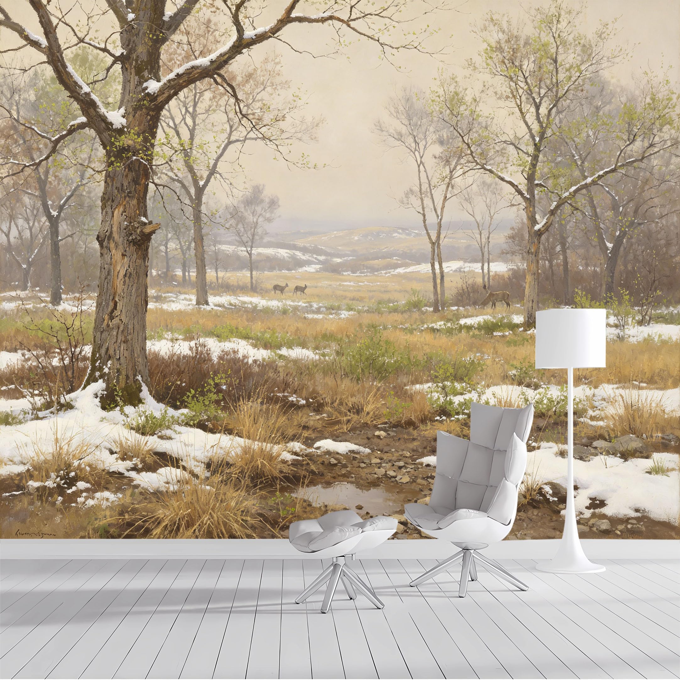 Custom Size Wall Mural Snowy Meadow Wildlife Scenic Landscape Oil Painting SelfAdhesive Wall Fabric Removable Peel and Stick Wallpaper Wall Decor for Living Room Bedroom Bathroom