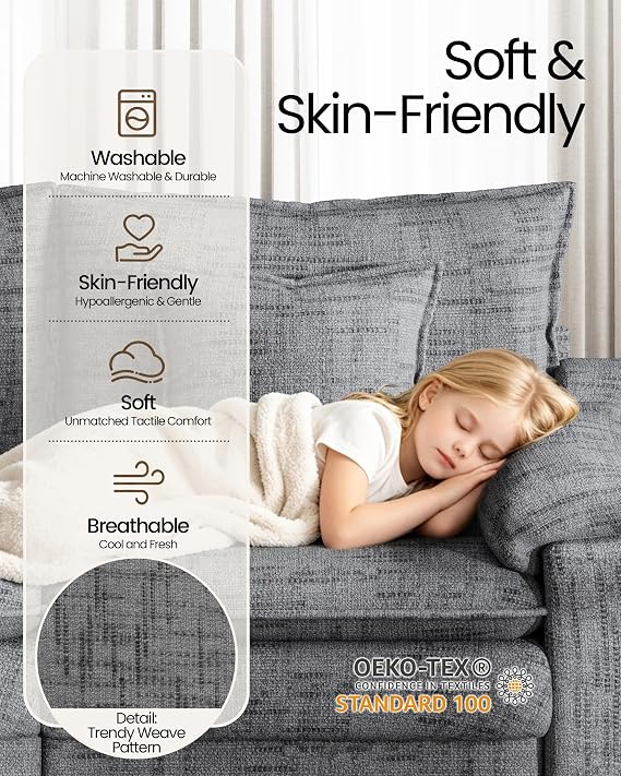 3 Seater Sofas, 231 cm Cloud Modular Sofas Couch with Spring Cushion, Grey