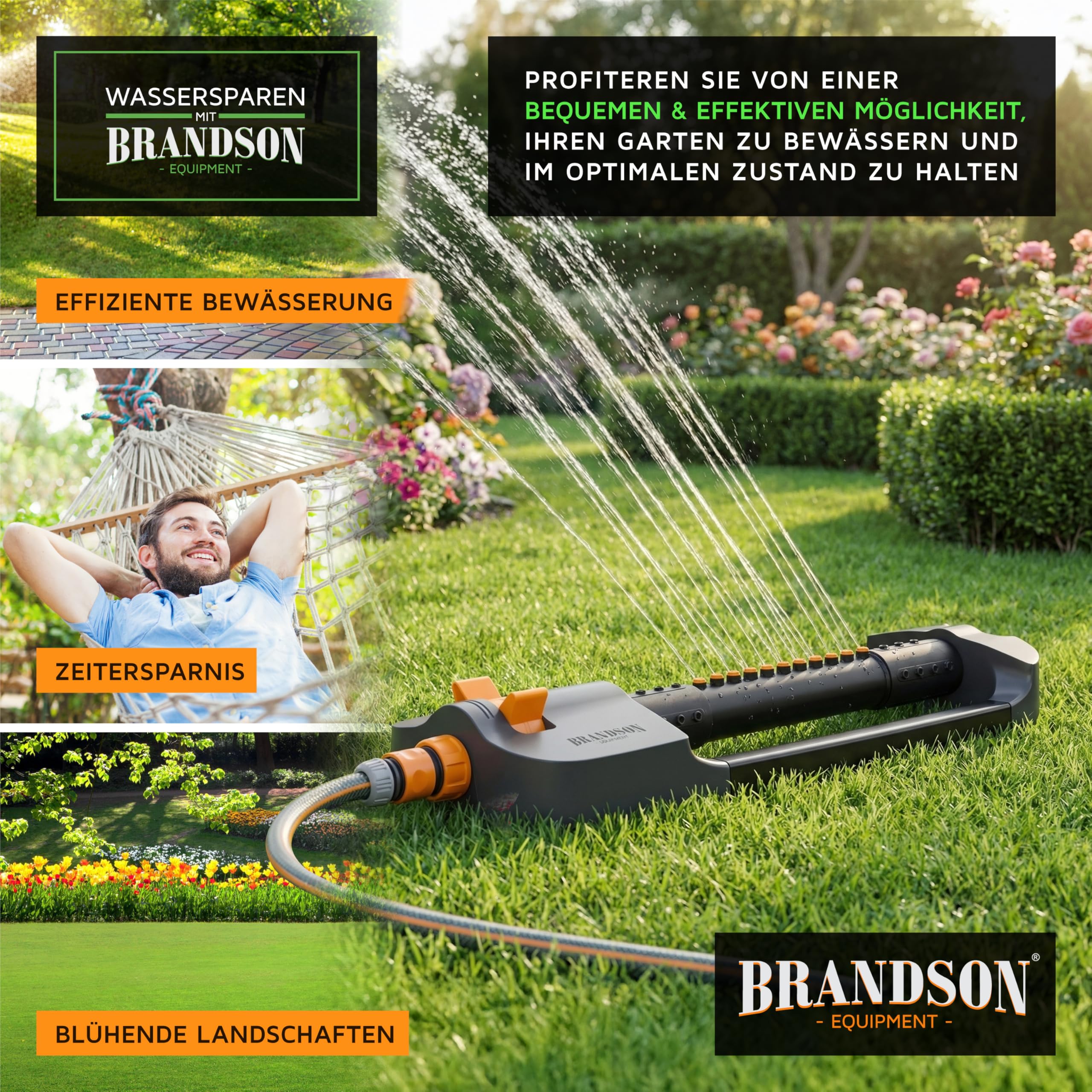 Brandson - Rasensprenger Viereckregner 3/4 Zoll flexibel – 19 Düsen (8 separat einstellbar) – für große Flächen – integrierter Metallfilter - Oszillation 20° bis 140° – Garten Rasensprinkler