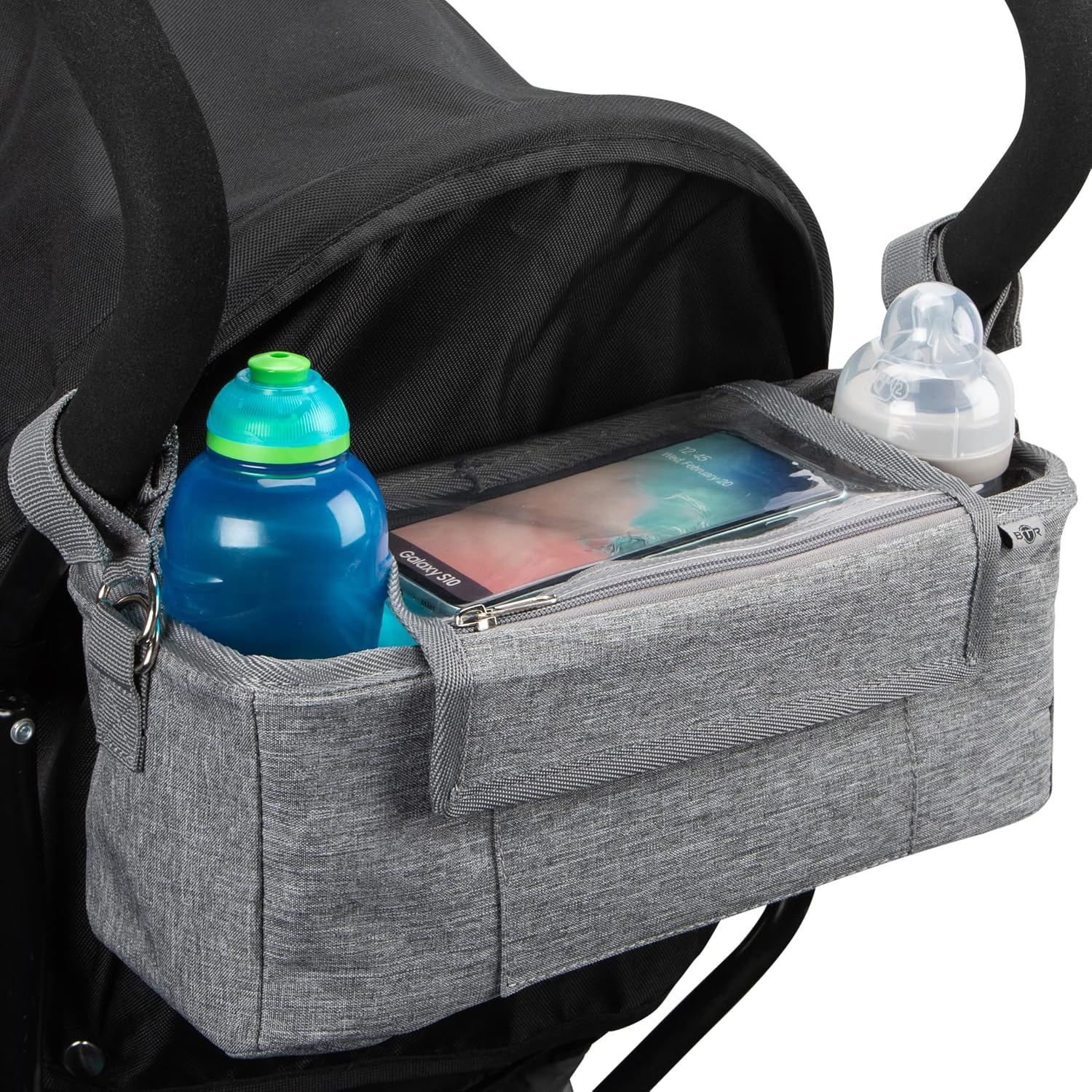 Stroller Organizer incl Cell Phone Holder & Waterproof cover. Fits ALL Pushchairs. The Ultimate Universal Fit Buggy Storage Solution Bag PLUS 2 x Stroller Hooks. Grey