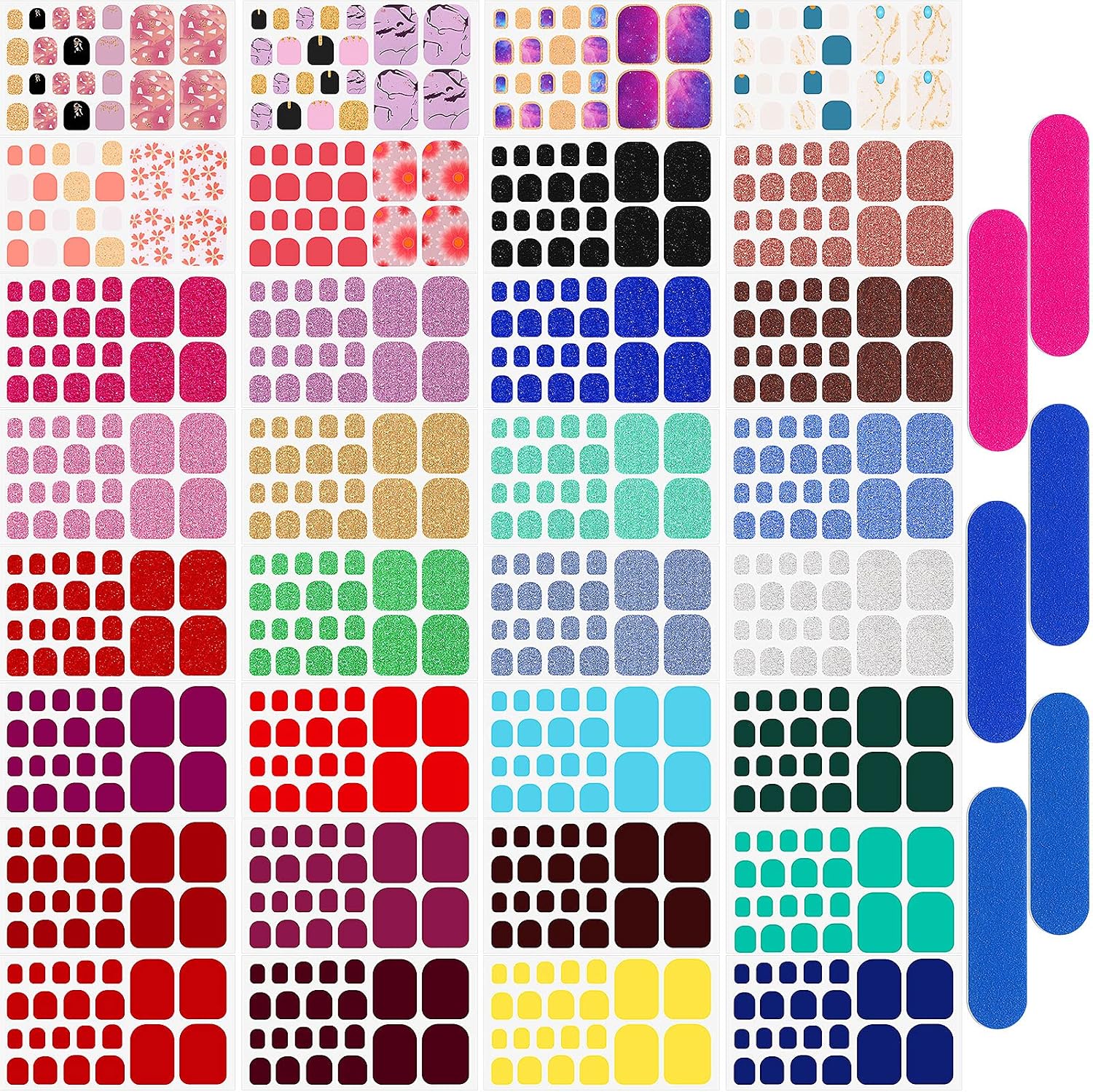 704 Pieces 32 Sheets Toe Nail Polish Stickers Adhesive Toe Nail Wraps Toenail Polish Strips Self-Adhesive Full Nail Polish Wraps with 6 Pieces Mini Nail Files for Women Girls (Color Series)