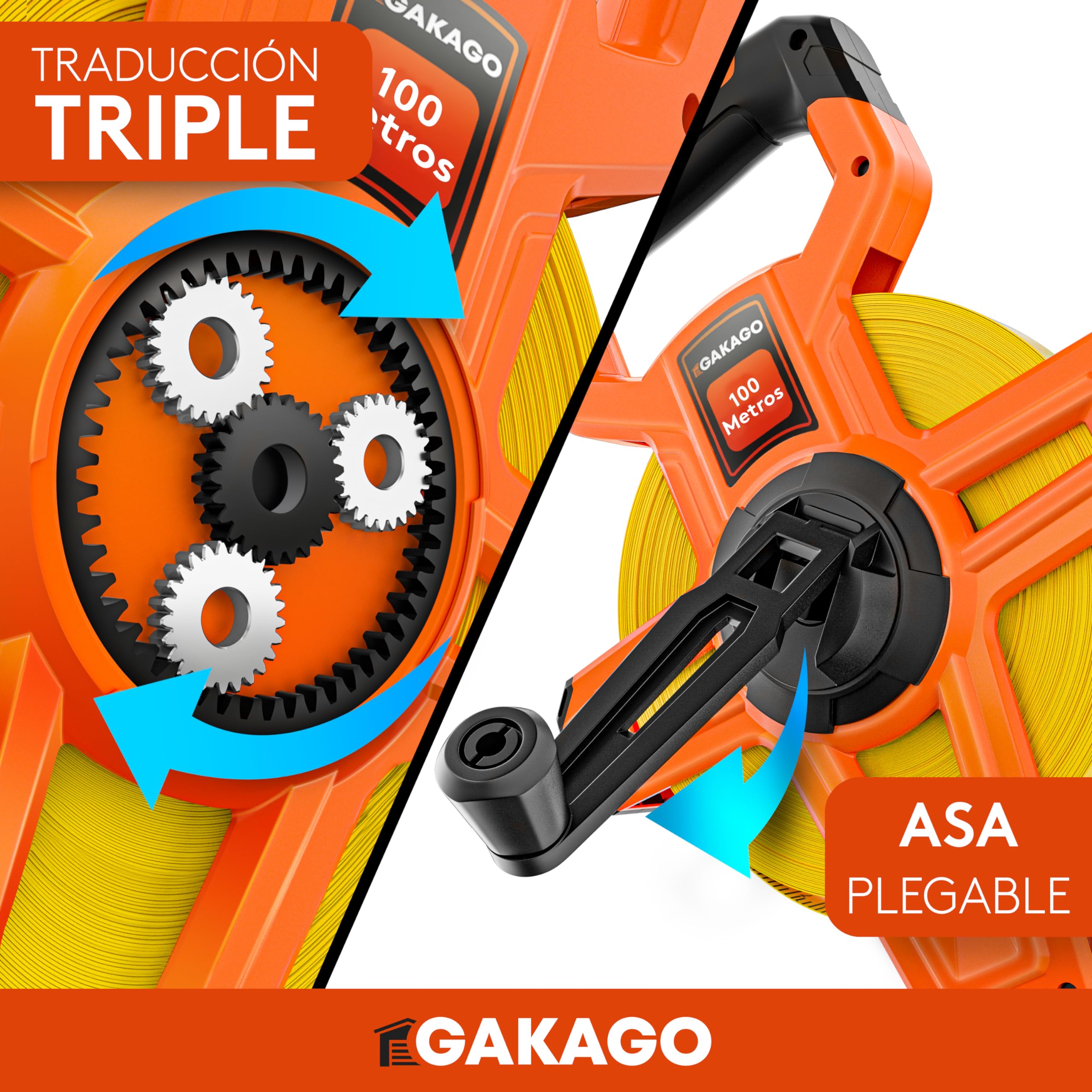 Gakago cinta métrica 100m - Métrica enrollable 3 pliegues - Palanca plegado - Mango ergonómico antideslizante - Rollo punta marcadora