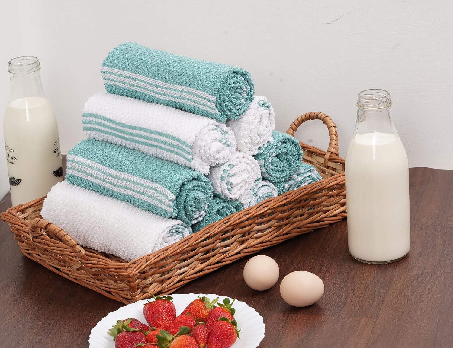 DAILY HOME ESSENTIALS - 4 Pack Cotton Terry Kitchen Dish Towel Set (16x26 Inches - Aqua, Ribbed Design) |Super Soft and Highly Absorbent|Perfect for Everyday Household & Commercial Use