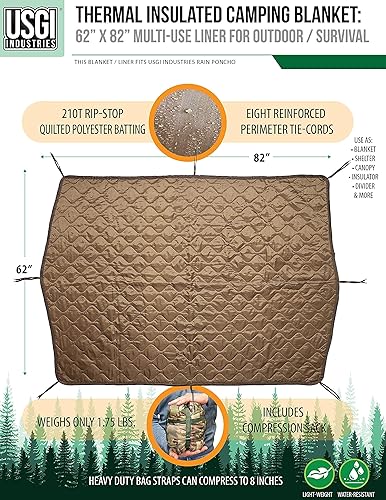 Miniatura 10 de USGI Industries - Manta militar Woobie, con aislamiento térmico, forro de poncho, grande, portátil, resistente al agua, para senderismo, al aire