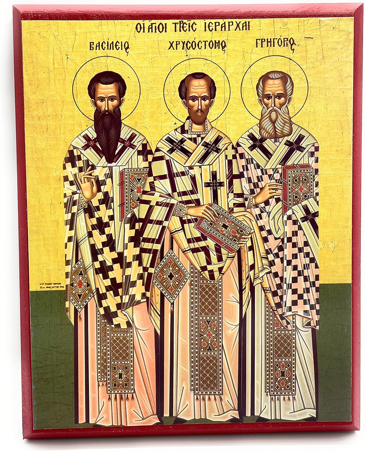 Wooden Greek Orthodox Christian Icon Three Hierarchs St.John Chrysostom St.Gregory The Theologian St.Basil (9" x 11")
