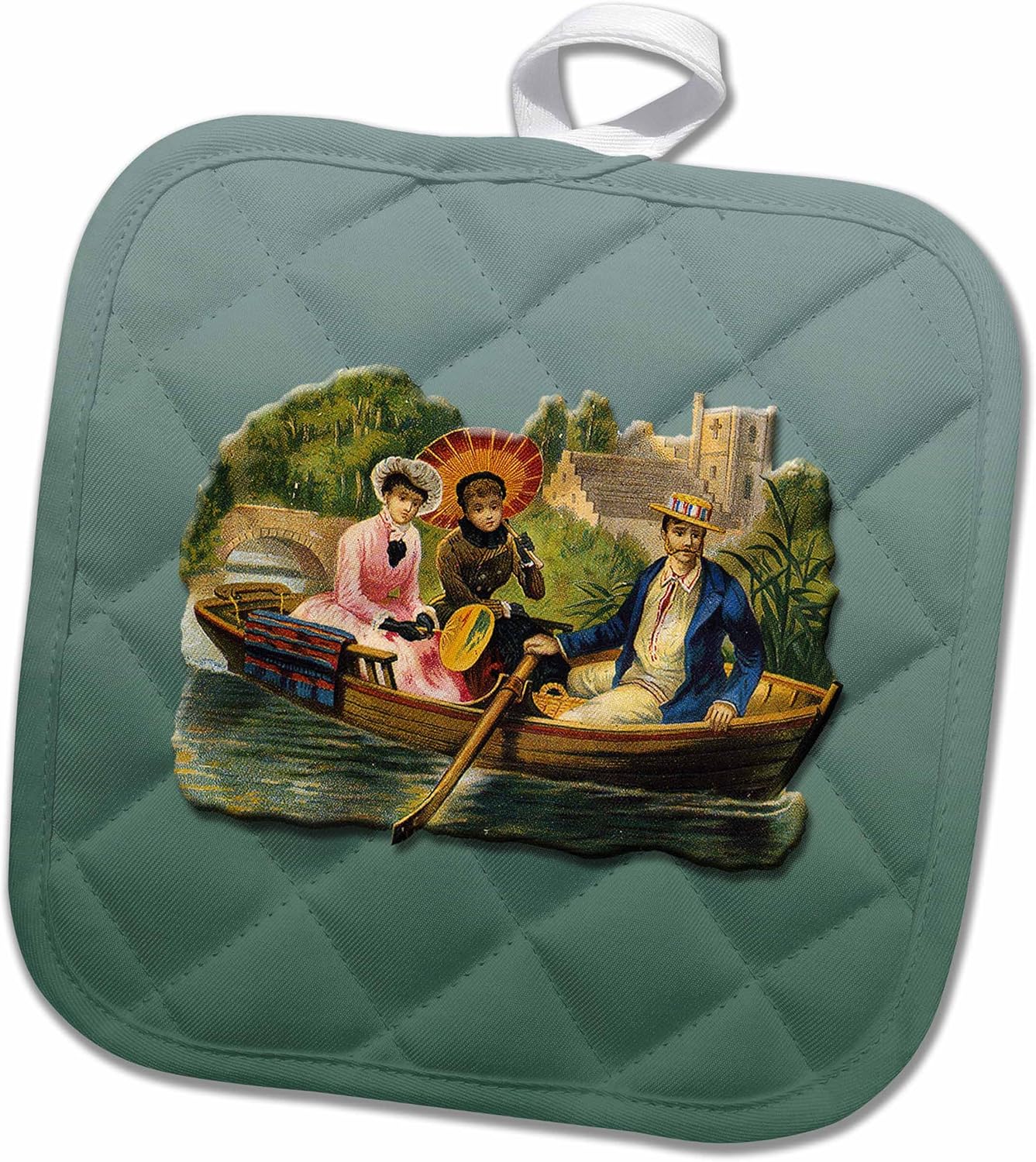 3D Rose Victorian Women in A Rowboat with A Man Rowing with Bridge Pot Holder, 8 x 8