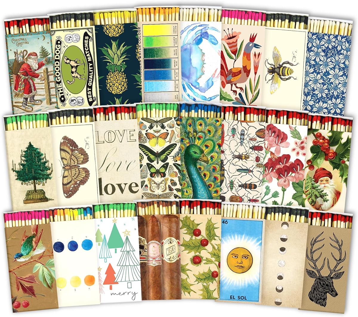 HomArt Matchbox Designs of Your Choice (4 Unique Box Designs with 4" Matches, Striking Stickers by Thankful Greetings) Decorative & Festive for Home Decor, Gifts, Accessories Long Safety Matches