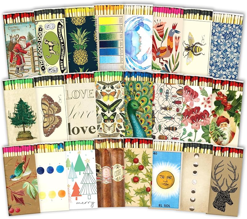 HomArt Matchbox Designs of Your Choice (4 Unique Box Designs with 4" Matches, Striking Stickers by Thankful Greetings) Decorative & Festive for Home Decor, Gifts, Accessories Long Safety Matches