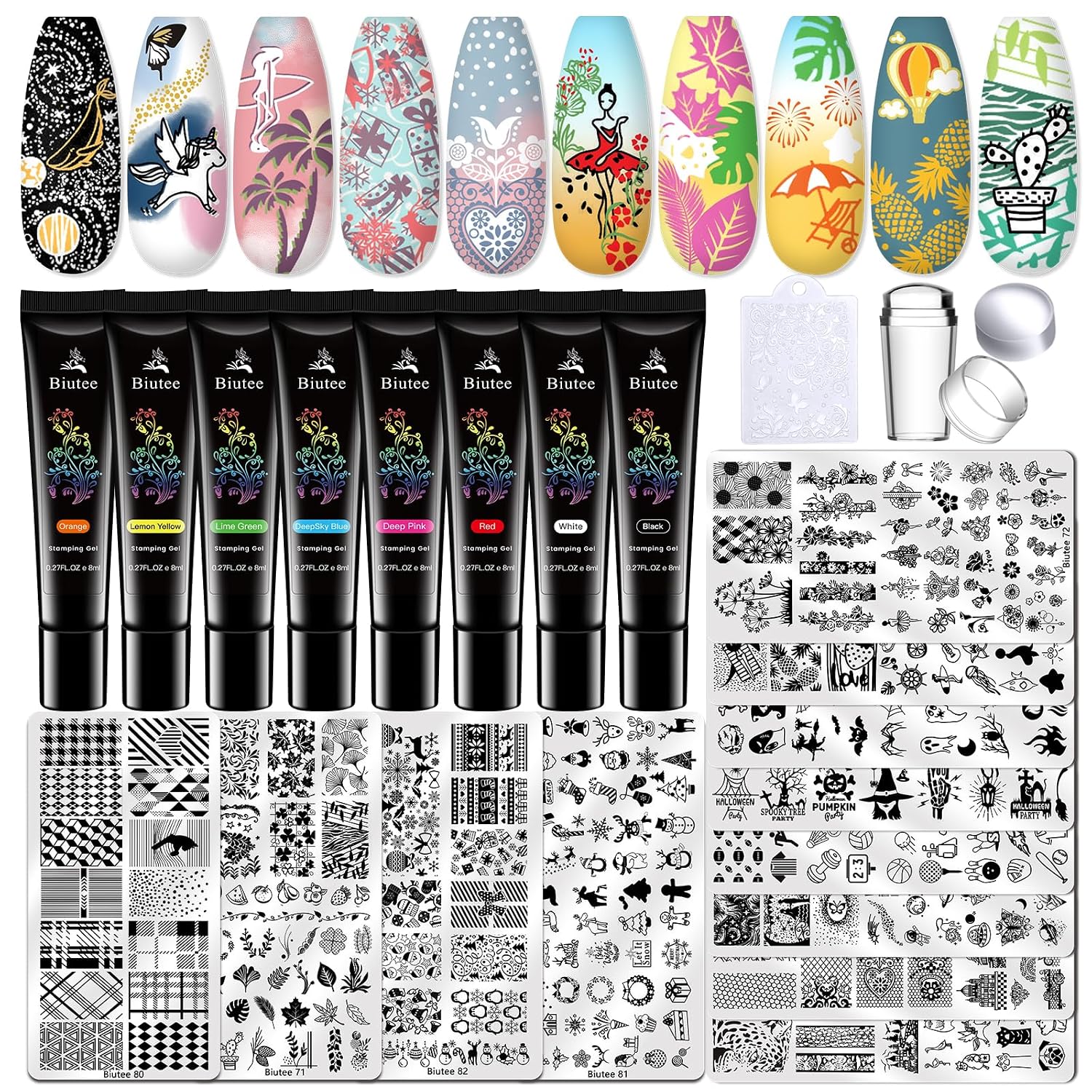 Biutee Nail Stamper Kit 22Pcs Gel Nail Stamping Kit 12Pcs Nail Stamping Plates 8Pcs Stamping Polish Gel, Silicone Stamper Scraper Flower Lace Star Stripe Holiday Stamp Template Gift for Women