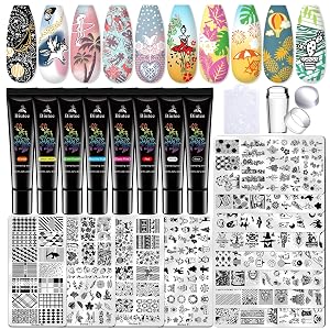 Biutee Nail Stamper Kit 22Pcs Gel Nail Stamping Kit 12Pcs Nail Stamping Plates 8Pcs Stamping Polish Gel, Silicone Stamper Scraper Flower Lace Star Stripe Holiday Stamp Template Gift for Women