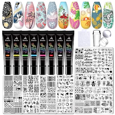 Biutee Nail Stamper Kit 22Pcs Gel Nail Stamping Kit 12Pcs Nail Stamping Plates 8Pcs Stamping Polish Gel, Silicone Stamper Scraper Flower Lace Star Stripe Holiday Stamp Template Gift for Women