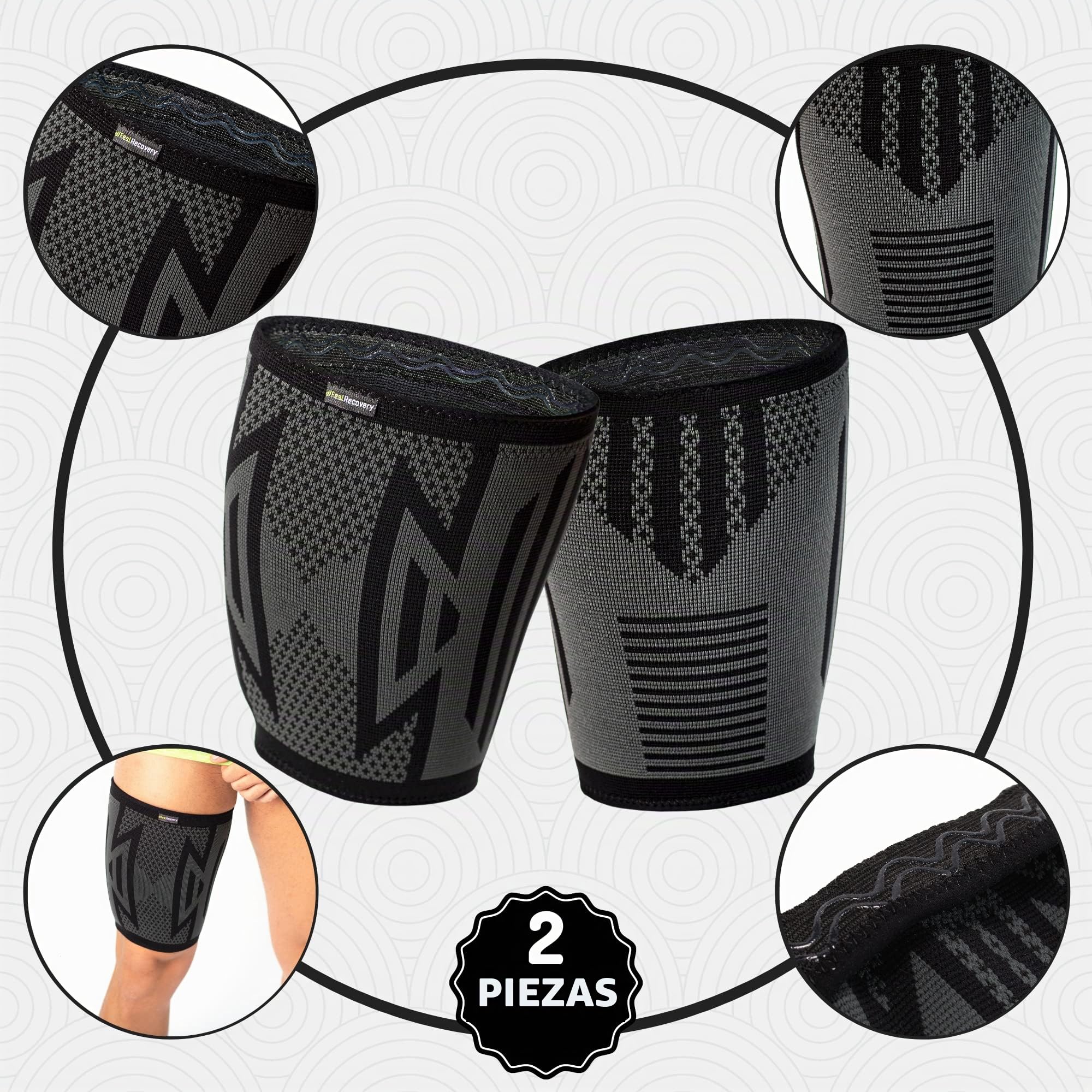 Feel Recovery 2 Musleras Deportivas de Compresión Hombre/Mujer - Musleras Elásticas para Calambres y Contracturas Musculares para Correr - Transpirable y Antideslizante (Negro, X-Large)