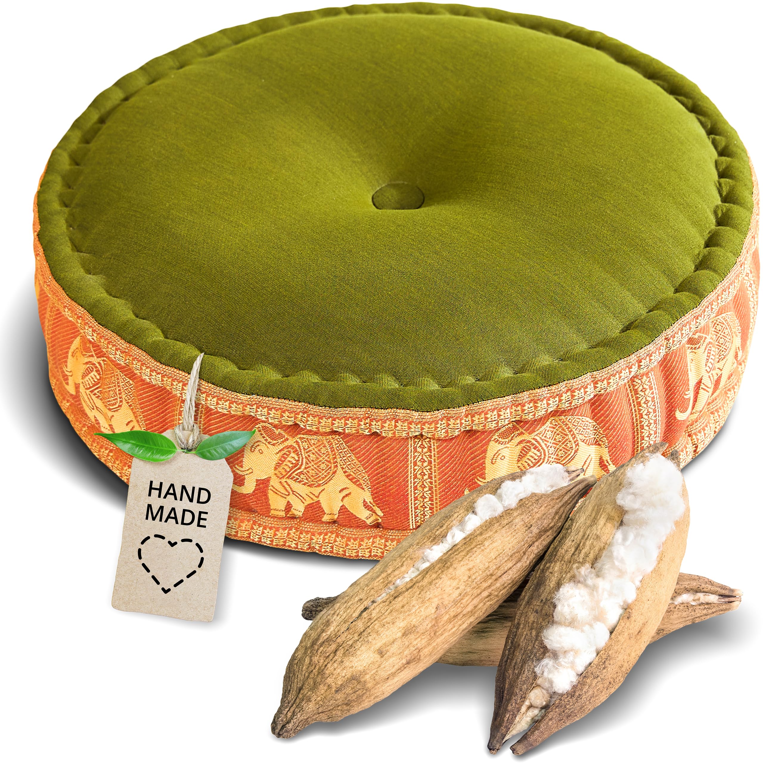 livasia meditation cushion with Thai silk - Ø 18x6″ - Yoga cushion kapok, Pouffe, Floor cushion yoga Zen meditation, Seat cushion garden balcony, Zafu (Green/Orange/Elephants, Silk)