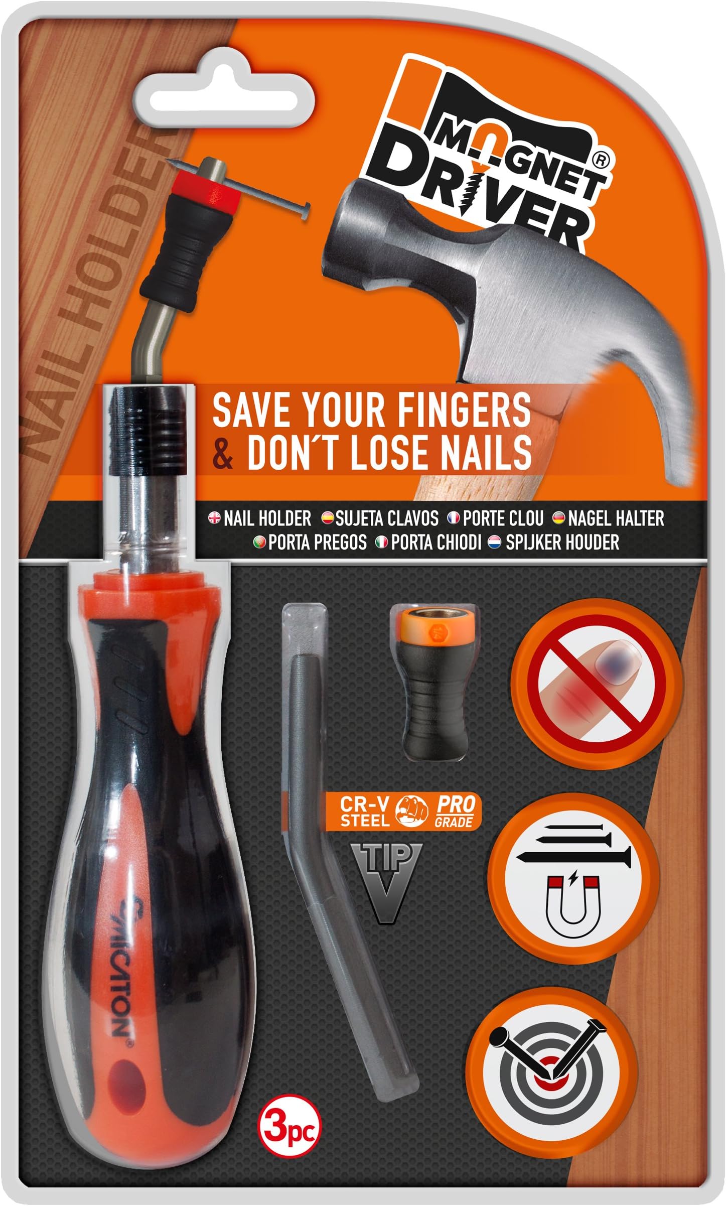 Magnetic Nail Holder MAGNET DRIVER® The Powerful Magnet Holds The Nail in Place in Two Sides Allowing Maximum Grip. This Blister Contains 1 bit Holder, 1 Nail Holder and 1 Orange magnetdriver