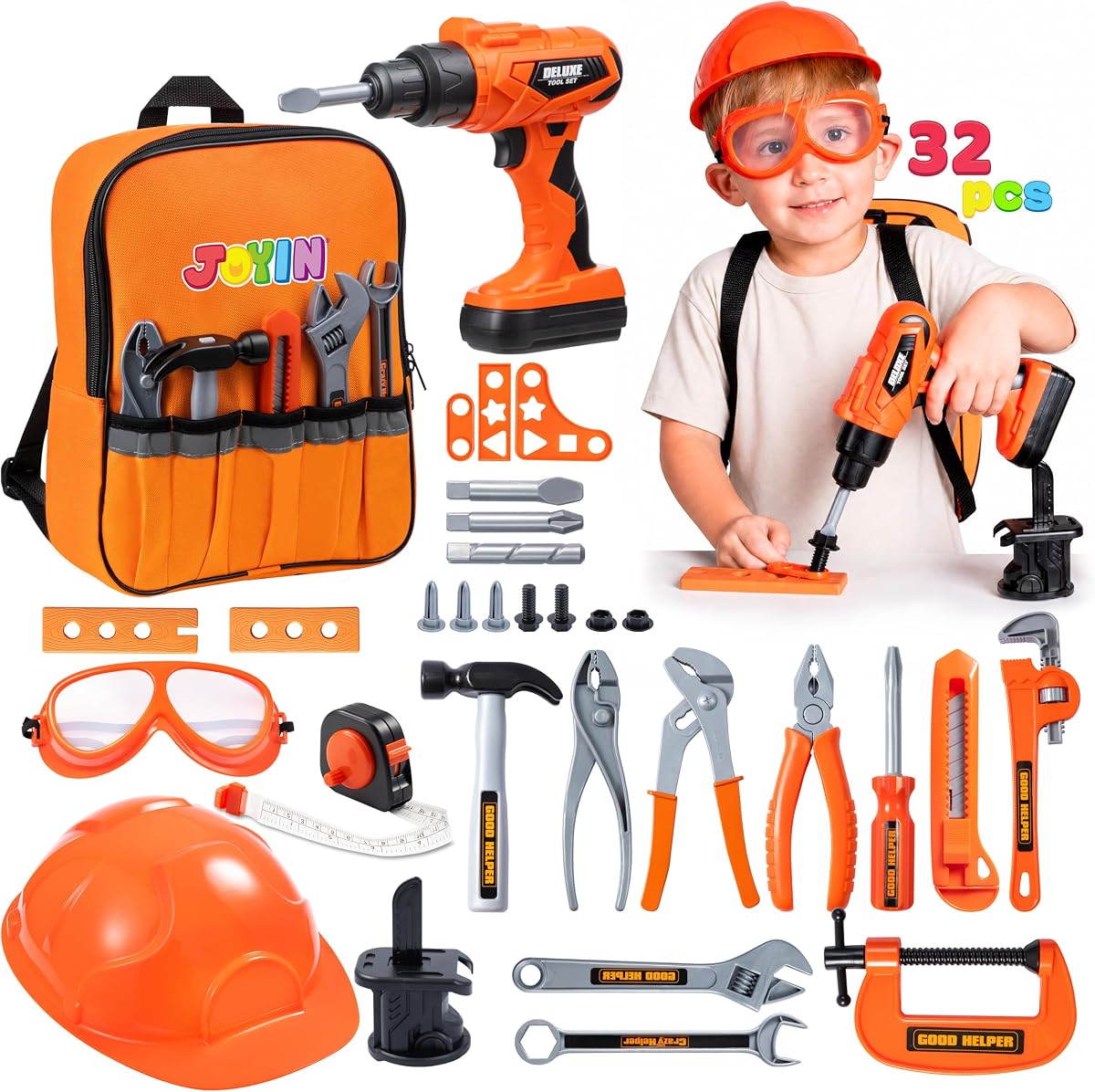 JOYIN 32PCS Kids Tool Set, Kids Tool Toys with Construction Backpack Costume & Electronic Toy Drill for Boy Girl, Birthday Gift for Boys Age 3 4 5 6
