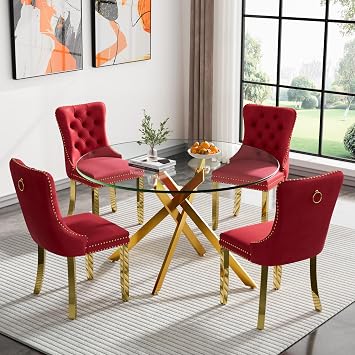 5-Piece Round Dining Set for 4, Glass Dinner Room Table with 4 Upholstered Chairs, 47 Gold Glass Dining Table Set with X-Shape Metal Legs, Space Saving Round Kitchen Table and Chair Set for 4