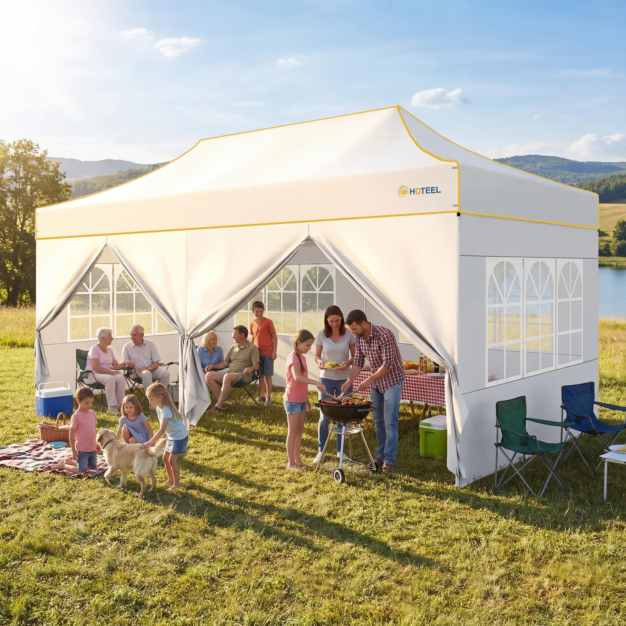 hoteel 10x20 pop up canopy tent, heavy duty upgraded hexagonal steel frame | waterproof 420d oxford party tent with 6 sidewalls, 3 heights, wheeled bag, sandbags, stakes and ropes for events