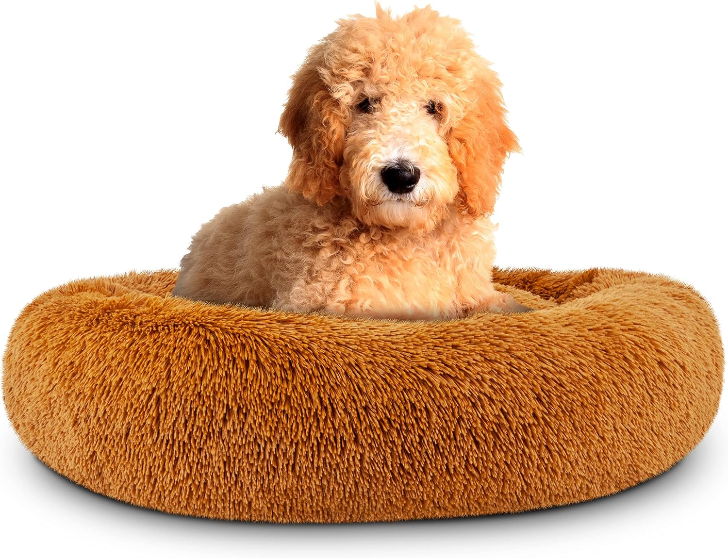 The Dog’s Bed Sound Sleep Donut Dog Bed, Large Honey Plush Removable Cover Calming Nest Bed
