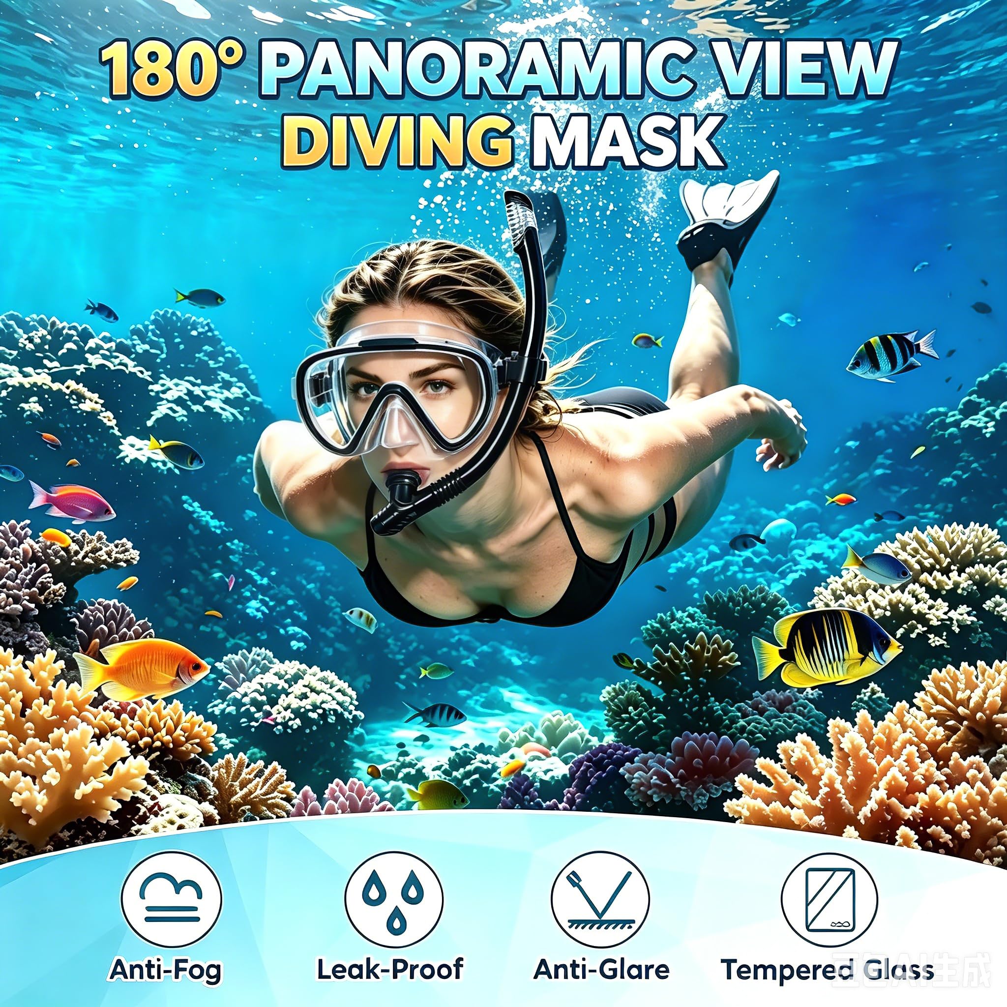 Schnorchelset Erwachsene, Schnorcheln Set mit Schnorchel und Taucherbrille für Herren Damen, Tauchermaske 180° Panorama Anti-Fog Anti-Leck, Premium Dry Schnorchel