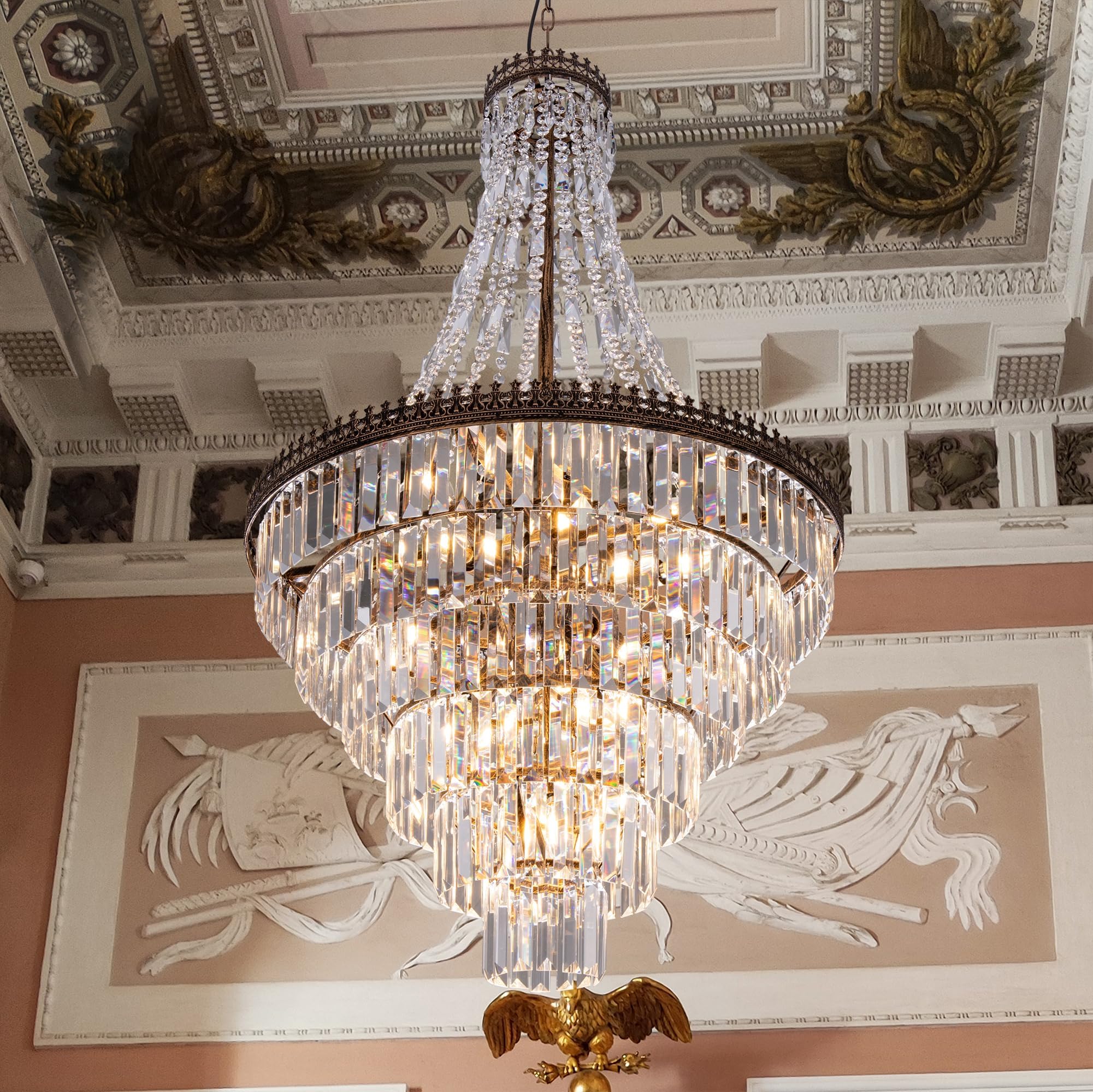 TOCHIC French Empire Crystal Chandelier Modern Farmhouse Chandelier Ceiling Light for Foyer Entryway High Ceiling, Vintage Antique Bronze Chandelier Light Fixture for Dining Living Room 28" W x 48" H
