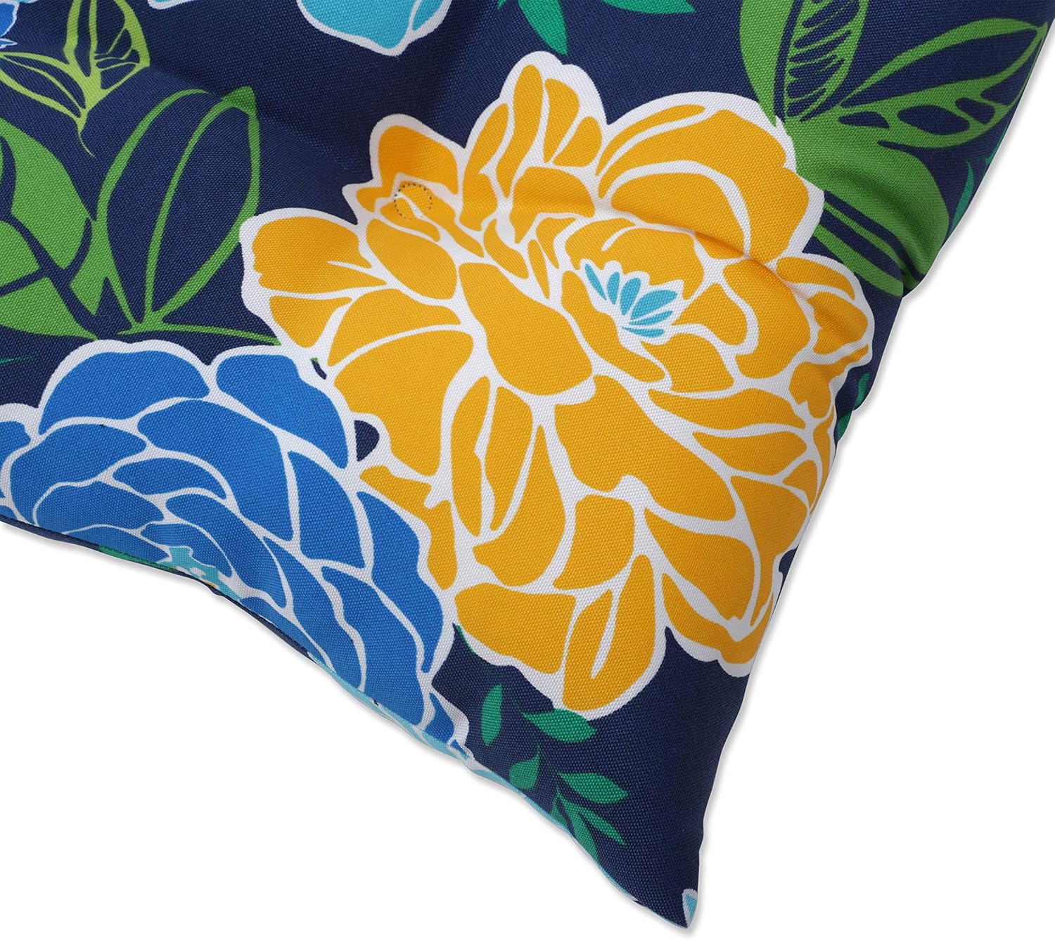 Pillow Perfect Floral Indoor/Outdoor Chair Seat Cushion with Ties, Tufted, Weather, and Fade Resistant, 18.5" x 19", Blue/Yellow Spring Bling, 2 Count