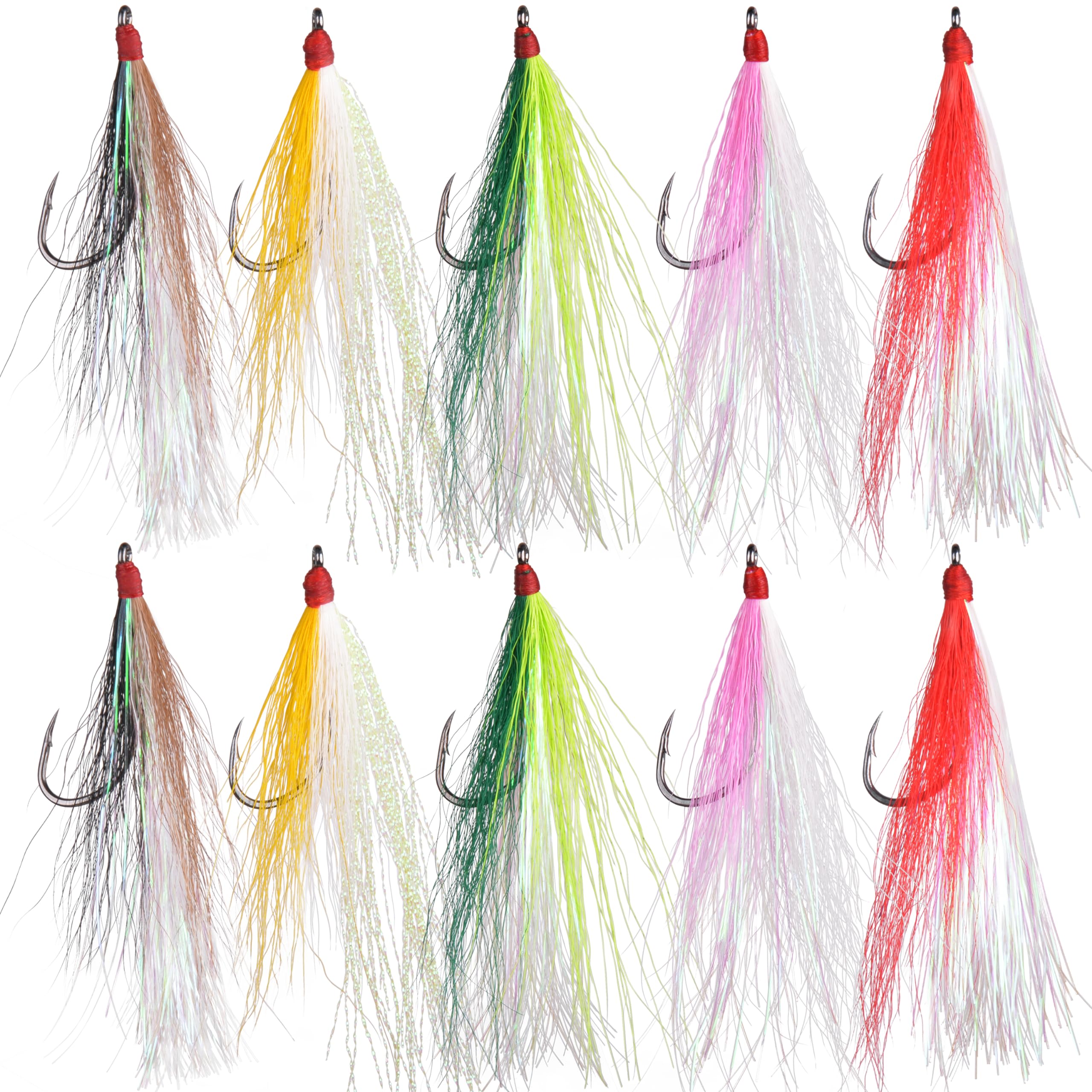 Bucktail Teasers Fishing Hooks Saltwater, 10pcs Fishing Teaser Lures Crystal Mylar Flash Teasers Jig Hooks for Flounder Salmon Trout Striped Sea Bass Bluefish Mix