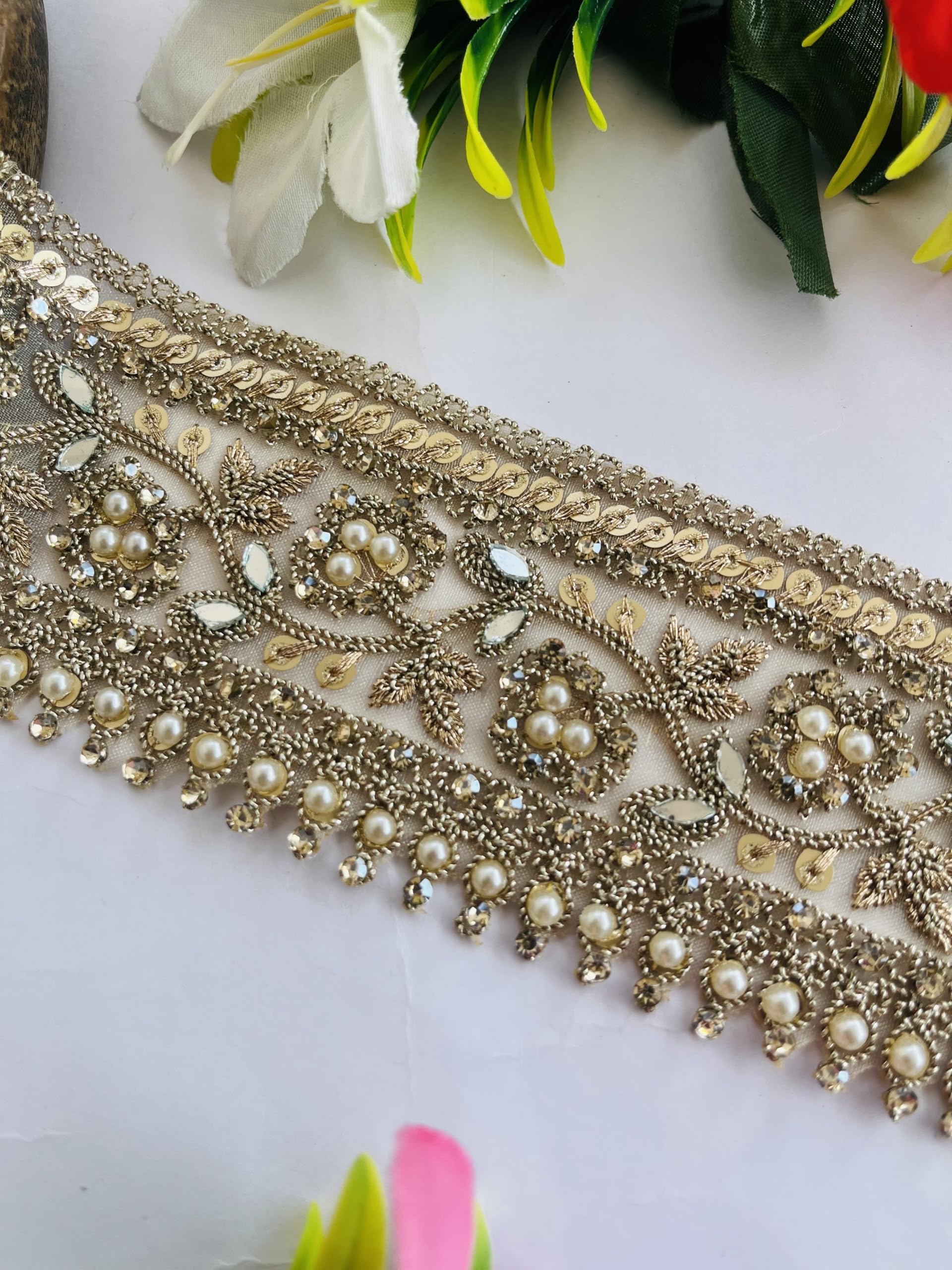 Encaje bordado dorado de 5,8 cm para decorar manteles ceremoniales y vestidos de boda