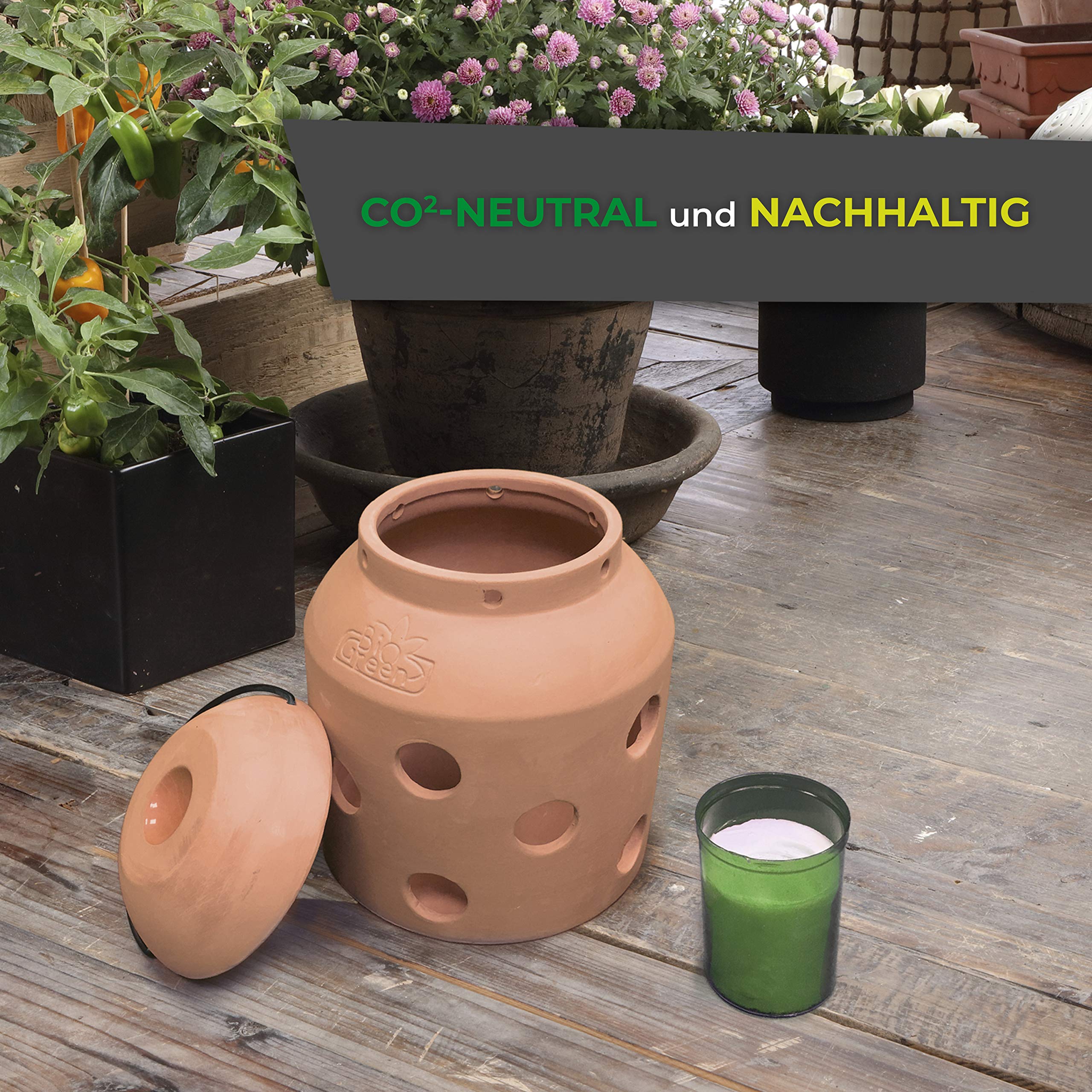 BioGreen Terracotta-Frostwächter Firefly | für kleine Gewächshäuser und Frühbeete | glasierte Ölschale im Deckel | Pilzform | ideal auch als Deko