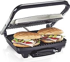 Hamilton Beach Panini Press, Sandwich Maker & Electric Indoor Grill, Upright Storage, Nonstick Easy Clean Grids, Stainless Steel (25410)