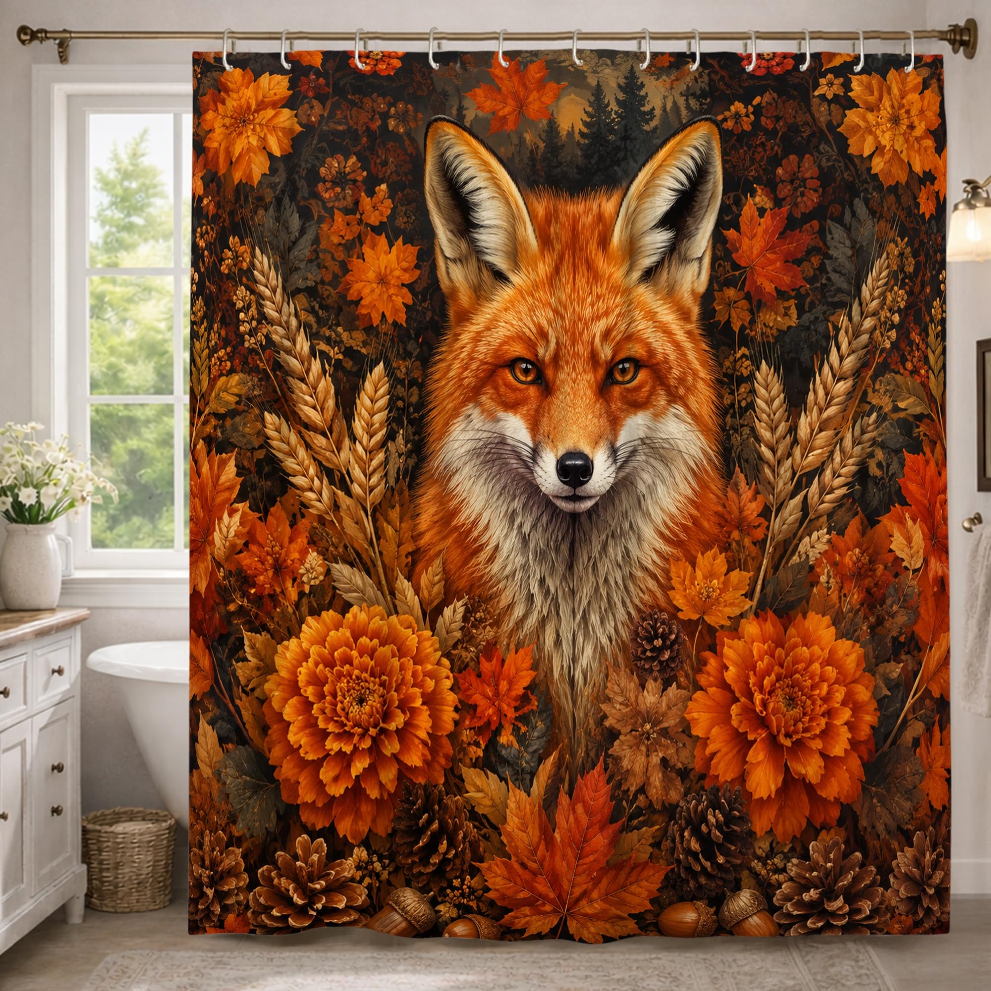 Rideau de douche extra long lavable en machine avec crochets motif nature orange