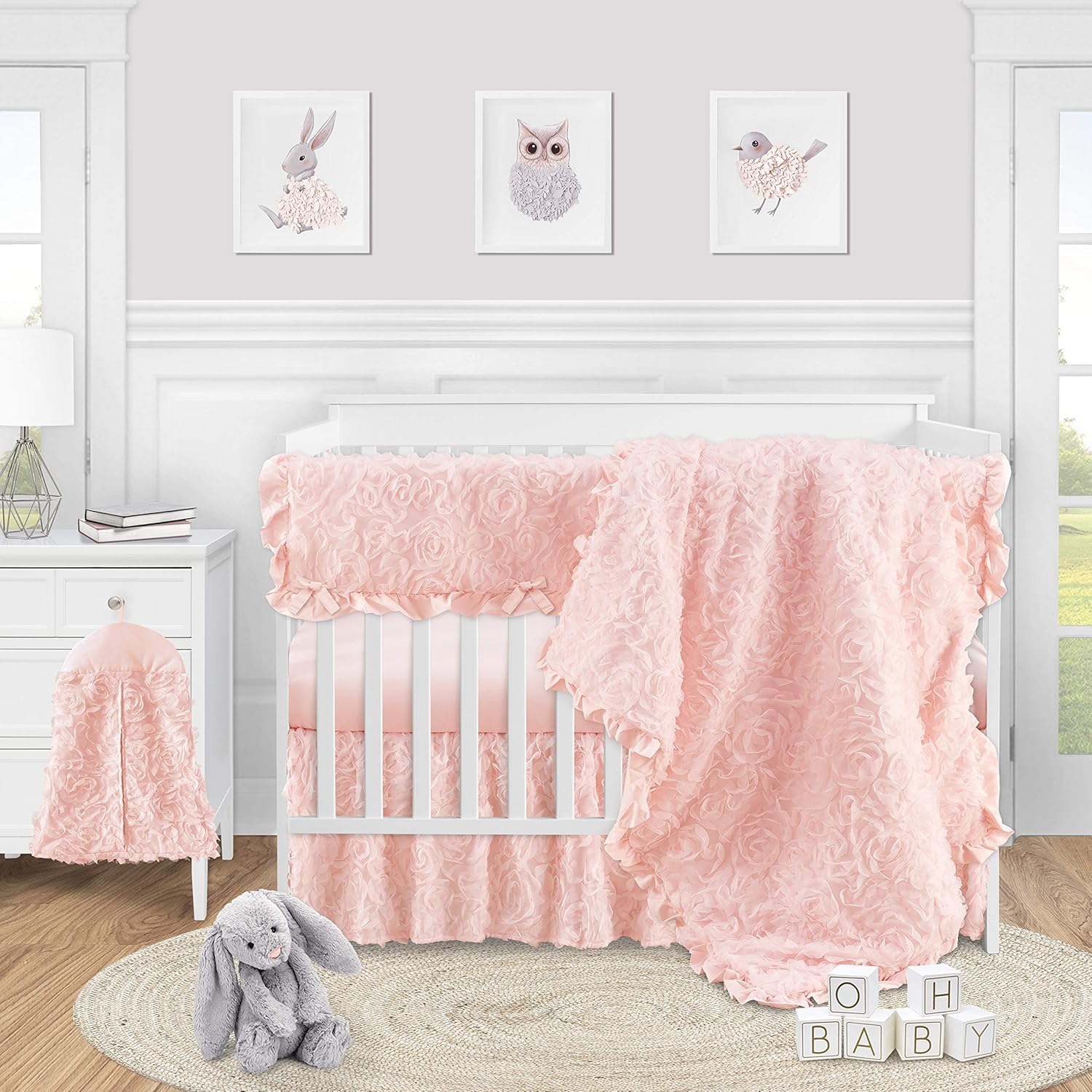 Sweet Jojo Designs Pink Floral Rose Girl Long Front Crib Rail Guard Baby Teething Cover Protector Wrap - Solid Light Blush Flower Elegant Princess Vintage Boho Shabby Chic Luxury High End Ruffle Roses : Baby