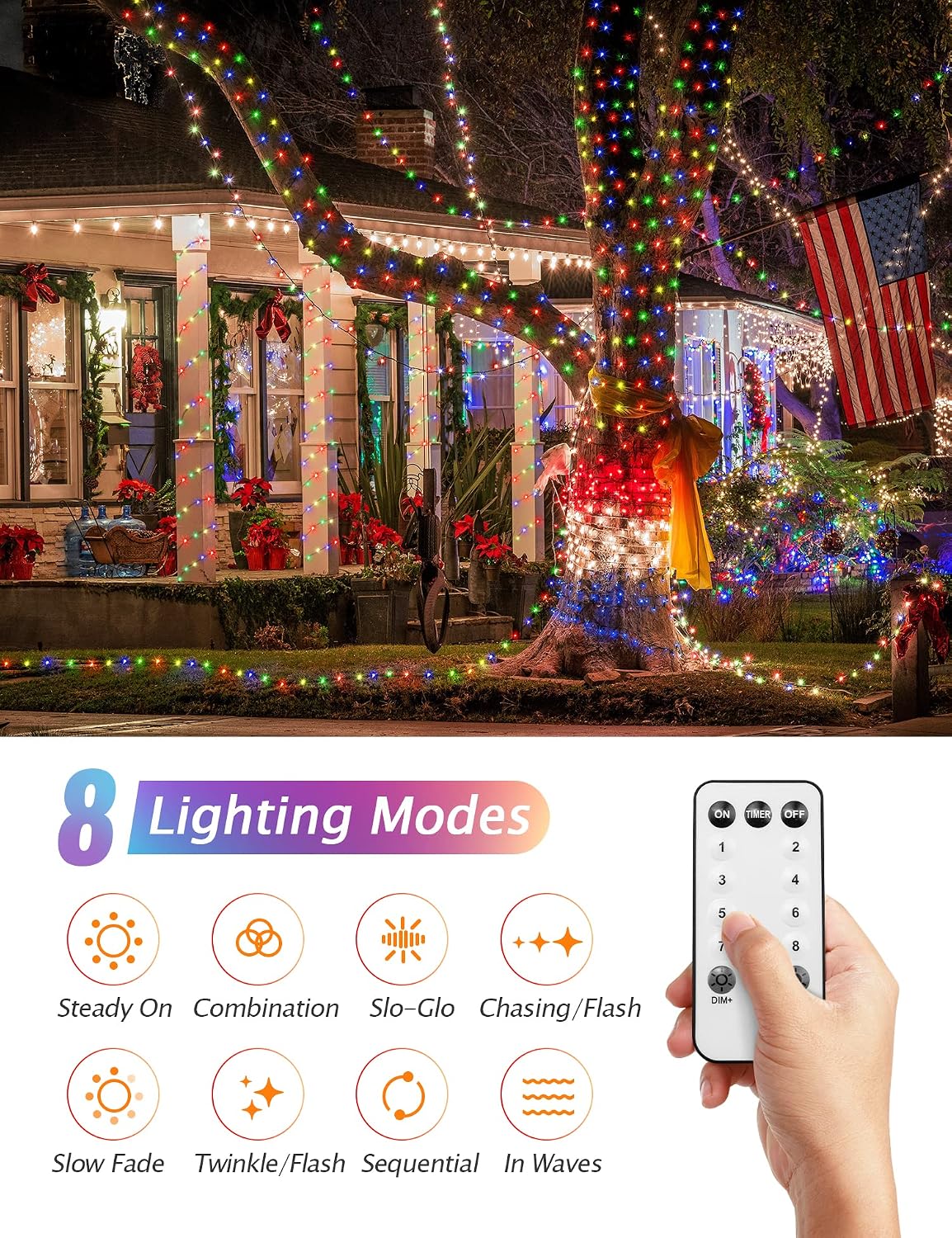 Christmas Lights, 330FT 800LED Outdoor String Lights Waterproof Christmas Tree Lights 8 Modes LED Christmas Lights Outdoor Timer Remote Outdoor Christmas Decorations Yard Garden Xmas Tree Multicolor