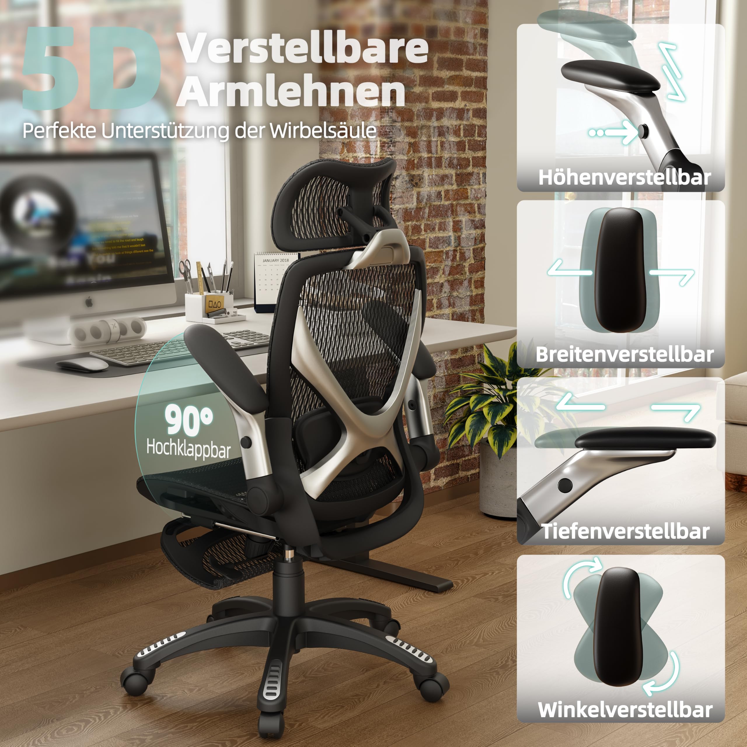 ELABEST X100 Ergonomischer Mesh-Bürostuhl mit Hoher Rückenlehne & Fußstütze | 3D-Lordosenstütze, 120° Neigung, 3D-Kopfstütze, Schreibtischstuhl mit hochklappbaren 5D-Armlehnen für Homeoffice, bis 136 kg