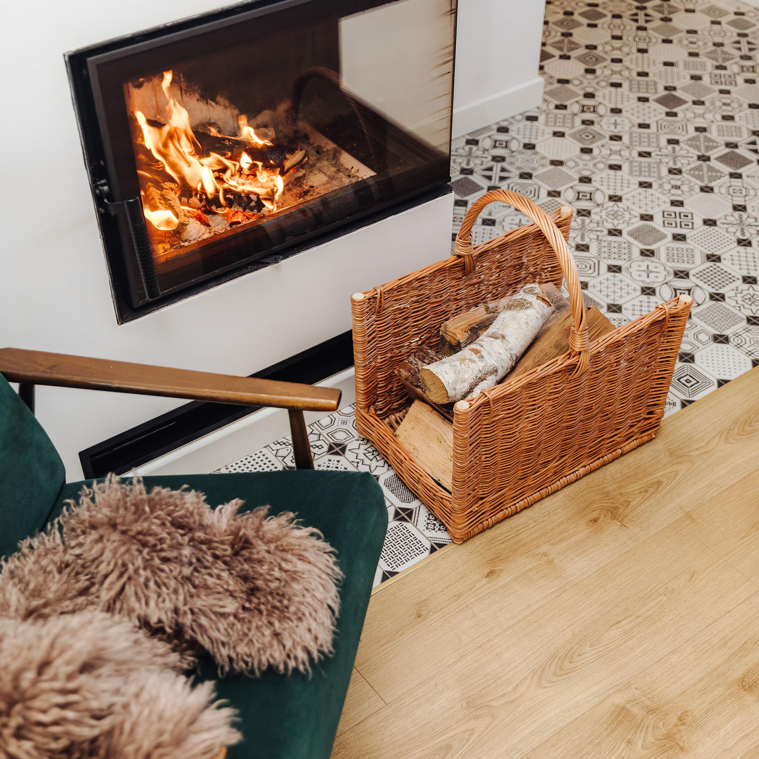 Creative Home Cesto Portalegna da Interno con Manico, Porta Legna in Vimini | Grande Cesto Vimini Rettangolare 50x34x50 cm Leggero | Intrecciato a Mano | Salice Naturale | Multiuso