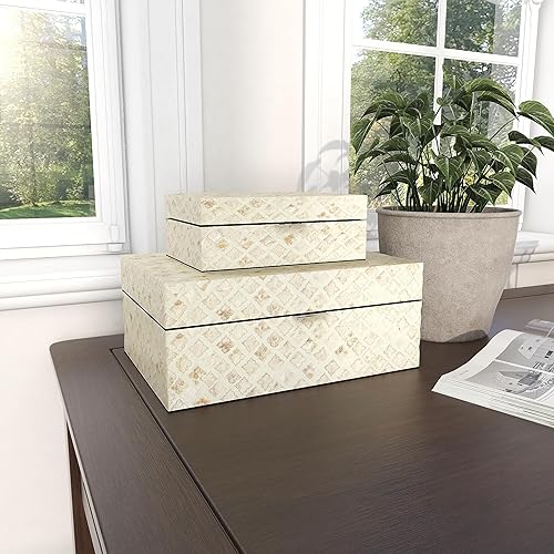 Miniatura 6 de Deco 79 Caja decorativa hecha a mano con concha de nácar con tapa con bisagras, juego de 2 cajas de almacenamiento de 12 pulgadas, 8 pulgadas de