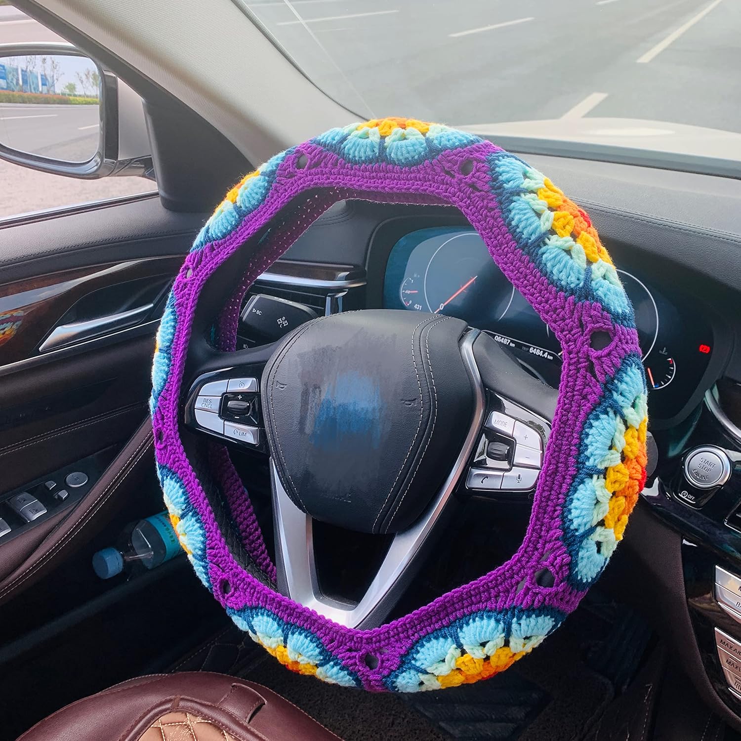 Handmade Crochet Steering Wheel Cover for Women Girl, Cute Purple Flower Seat Belt Cover, Car Interior Accessories Decorations. (Steering Wheel Cover+2 Seat Belt Cover)