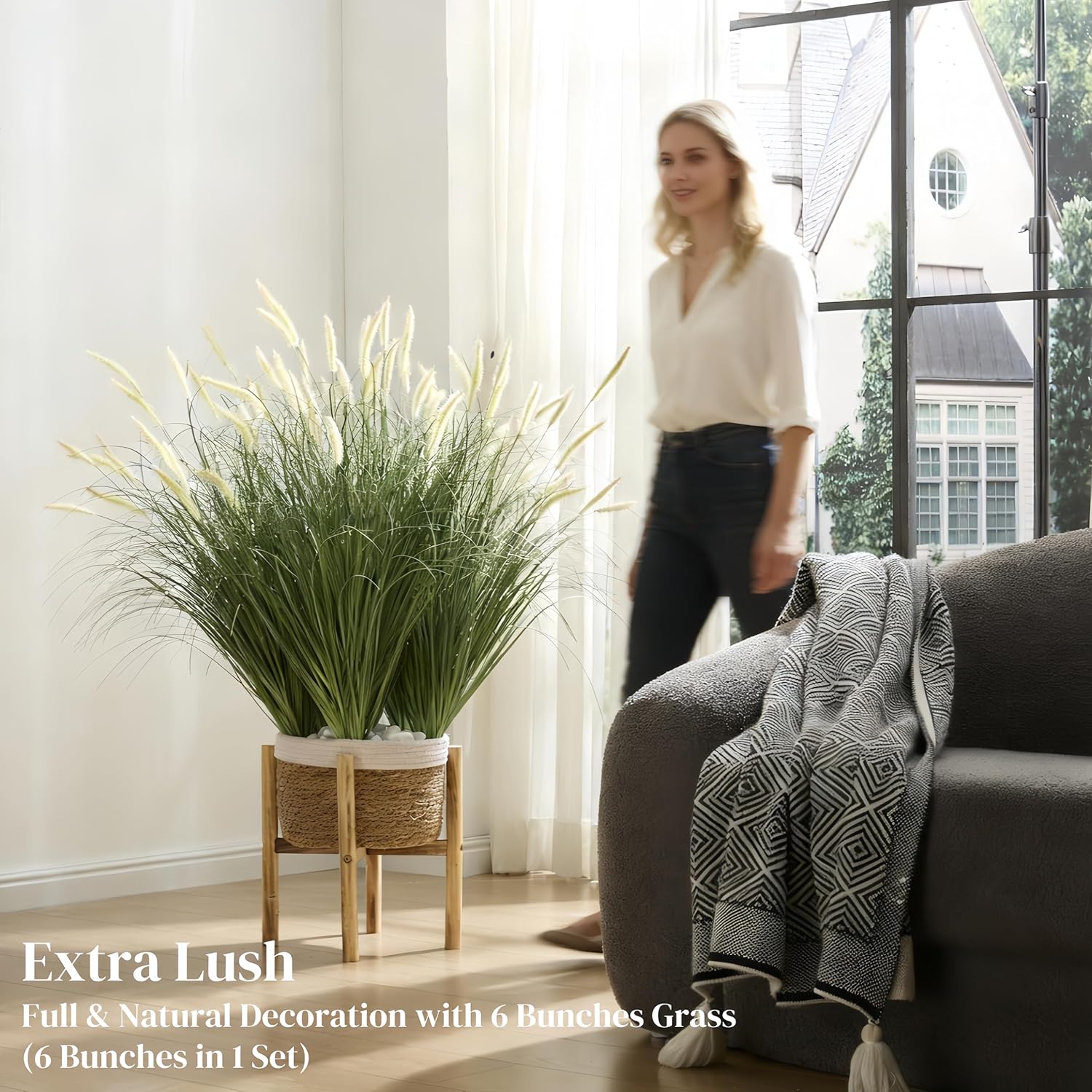 39 inches Extra Lush Artificial Reed Grass (6pcs), Luxury Fake Tall Plants with 12 Heads Dogtail Flower, Luxury Faux Tall Greenery with Dogtail for Garden Porch and Home Decor (Pink-12)