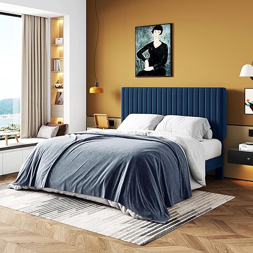 Miniatura 63 de HOOMIC Base de cama de plataforma de tamaño matrimonial, cama tapizada de terciopelo moderno con cabecera capitoné de canal vertical ajustable,