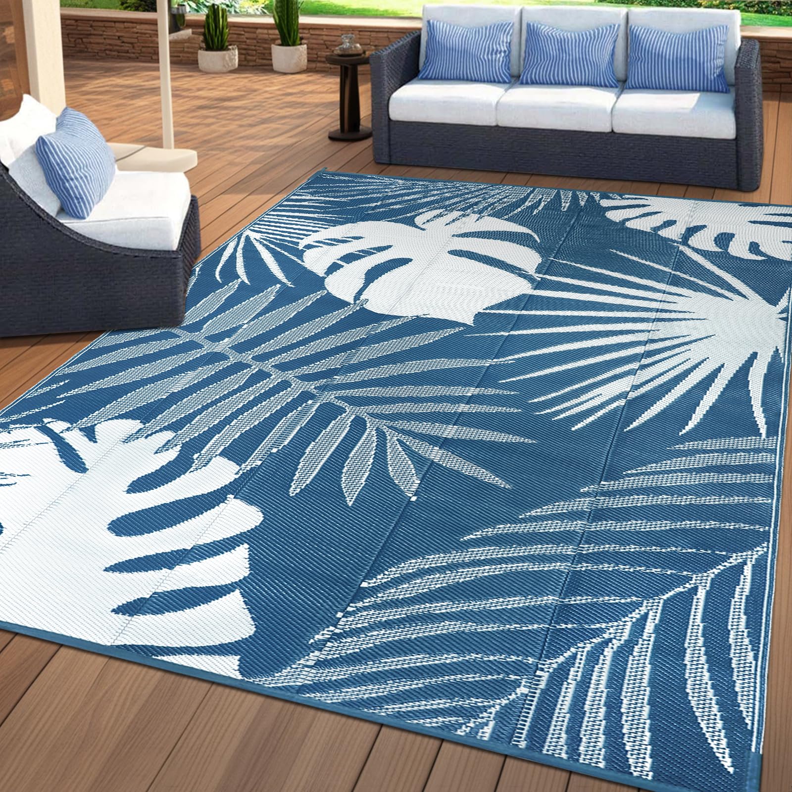 VSIWB Waterproof Outdoor Rug 8x10 ft, Reversible Plastic Straw Mat with Leaf Pattern, Large Floor Mat for Patio, Camping, Picnic, Backyard RV, Deck,