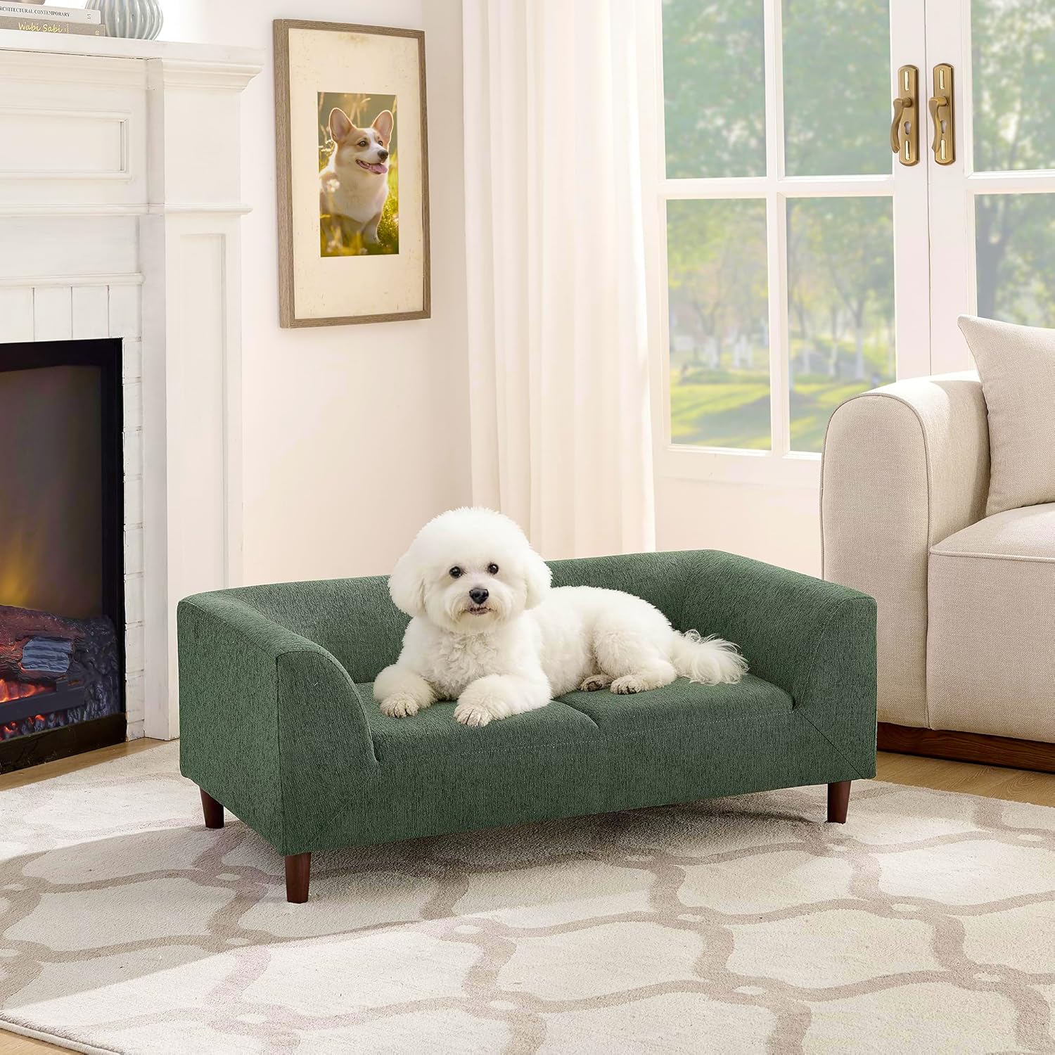 39.75" Dog Sofa Bed with Backrest & Armrests Modern Linen Pet Couch with Wooden Legs Soft Indoor Sofa for Cats & Small to Medium Dogs Puppy Furniture for Living Room & Home (Green)
