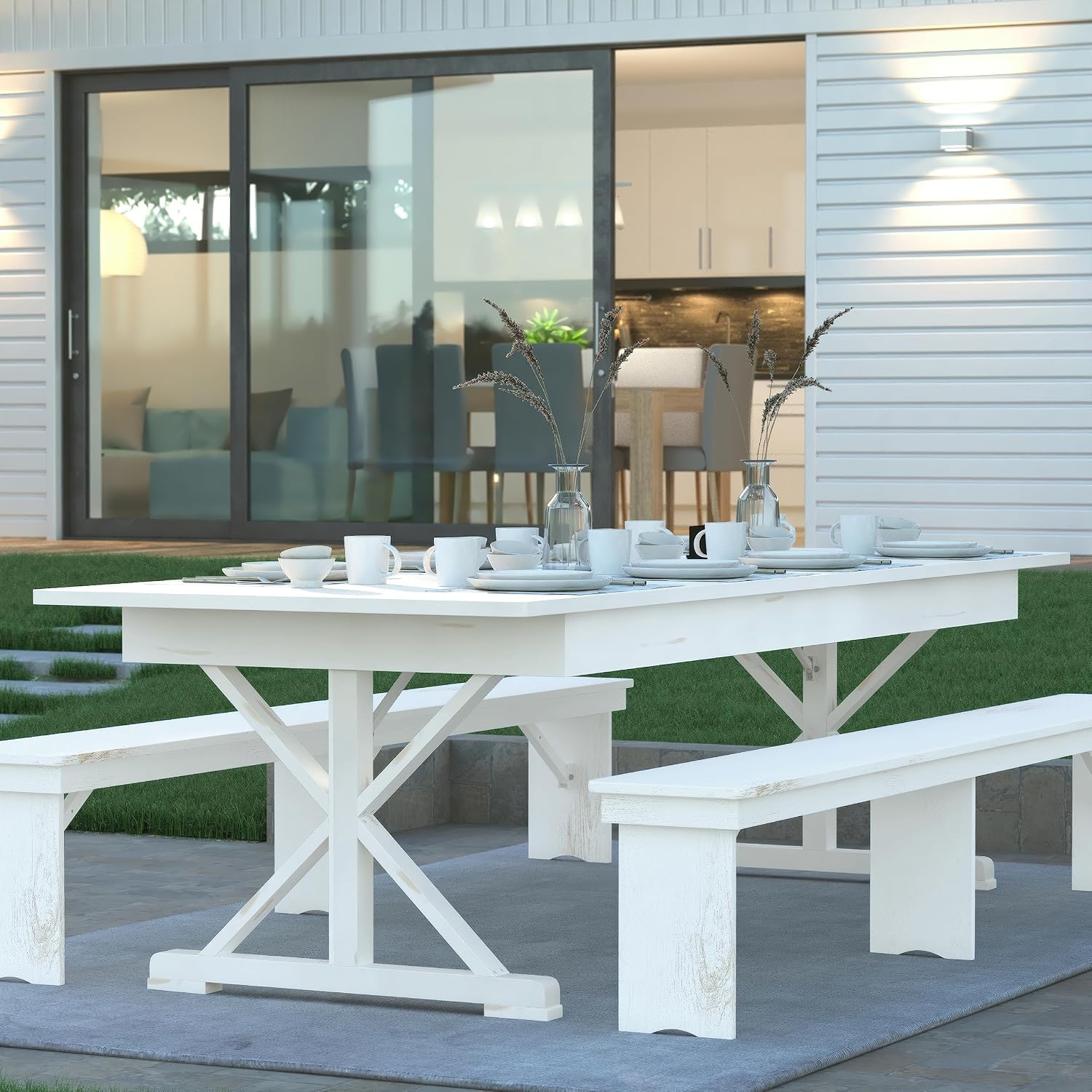 EMMA + OLIVER Elora Folding Farmhouse Dining Room Table with Crisscross Legs, Commercial Grade Rectangular Solid Pine Farm Table for 10, 9' x 40", Antique White