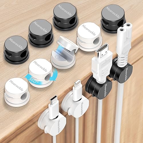 12 Pack Magnetic Cord Organizer [Locking Cable Rotatable] Cable Clips, Nearockle Upgraded Strong Magnetic Cord Holder, Adhesive Wire Keeper Cable Management for Desk,Car,Nightstand,Office(Black&White) - 12Pack - Black&white