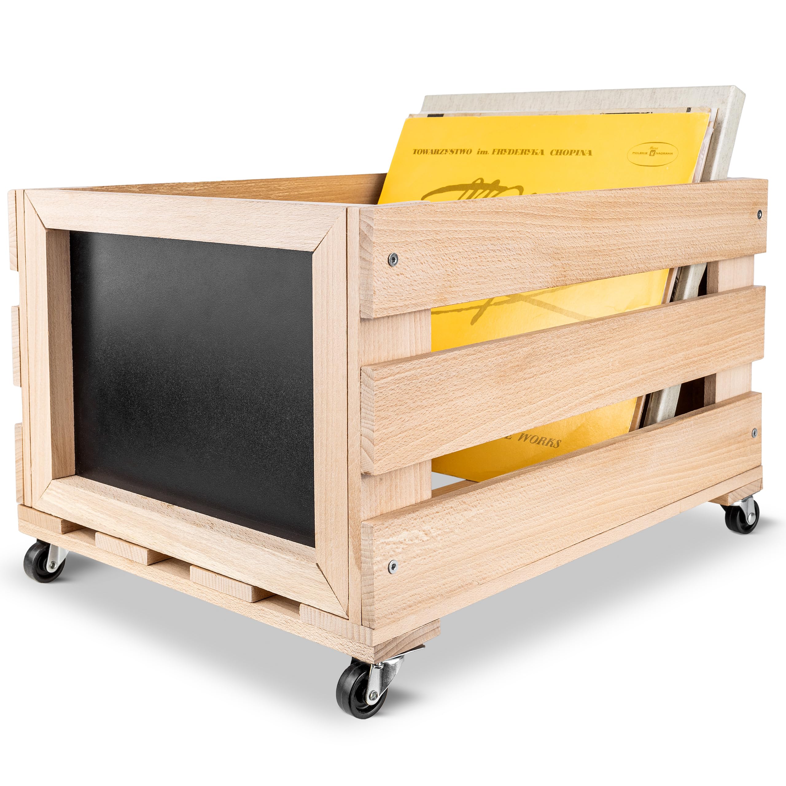 Creative Deco Porta Vinili con Lavagna e Ruote, 46 x 36 x 29 cm | In legno di faggio, con lavagna e ruote, capacità fino a 80 dischi, contenitore da terra