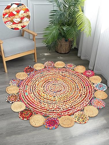 Miniatura 2 de Chindi Rug - Alfombra circular bohemia, alfombras redondas de 4 pies, alfombras trenzadas de yute Chindi, alfombra de área trenzada multicolor para
