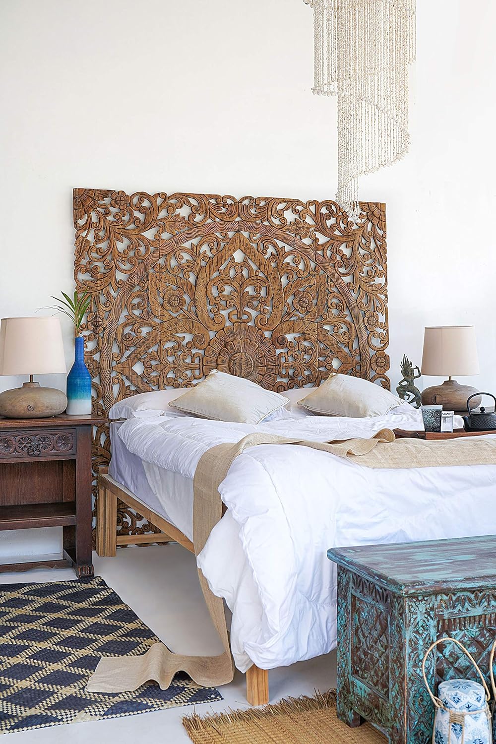 Balinese Hand Carved King Size Bed Headboard Reclaimed Wooden Panels Artwork Handmade Painted in Chiang Mai Thailand 72 Inches