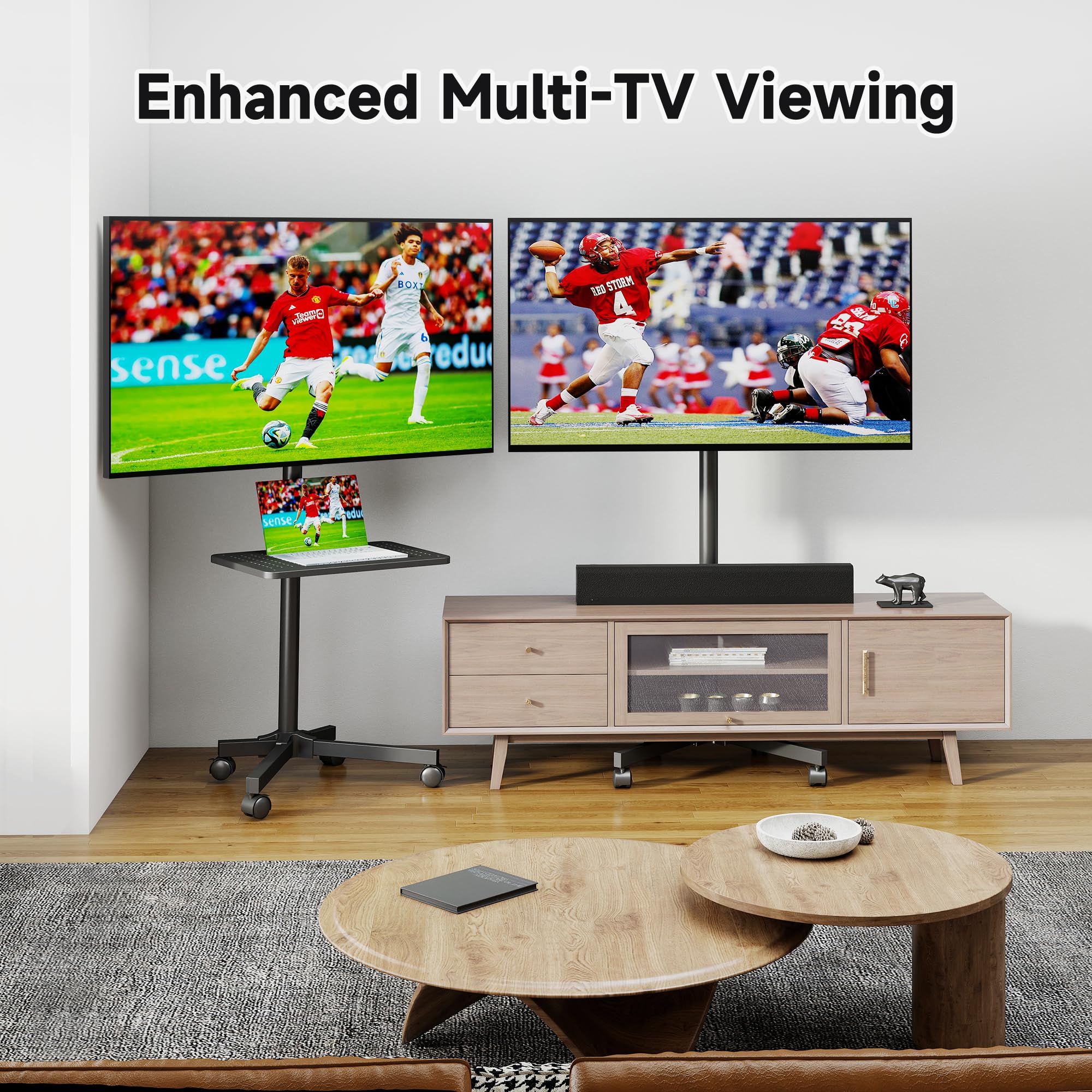 XINLEI Mobilny stojak na telewizor na kółkach z bardzo dużą półką, przenośny wózek na telewizor do płaskich zakrzywionych telewizorów 53.3-152.4 cm do 35 kg, z regulacją wysokości, wysoki stojak na