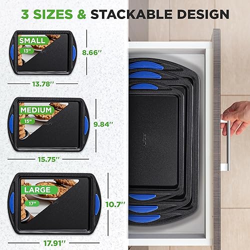 Miniatura 3 de NutriChef Juego de 3 bandejas antiadherentes para hornear – Juego de utensilios apilables de acero al carbono con asas de silicona – Bandeja para