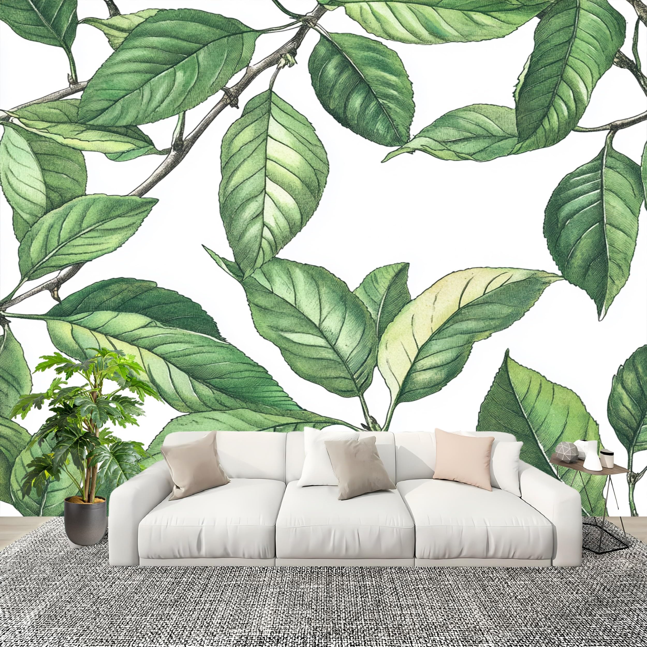 Papier peint panoramique 200x140 cm à motifs de feuilles vertes pour déco murale