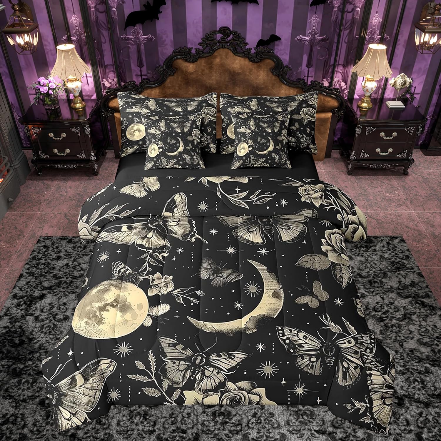 jejeloiu Kids Death Moth Comforter Set 7 Pieces Twin Size Boho Moth Bedding Set for Boys Girls Bohemian Bed in a Bag with Comforter, Sheets, Pillowcases & Cushion Covers